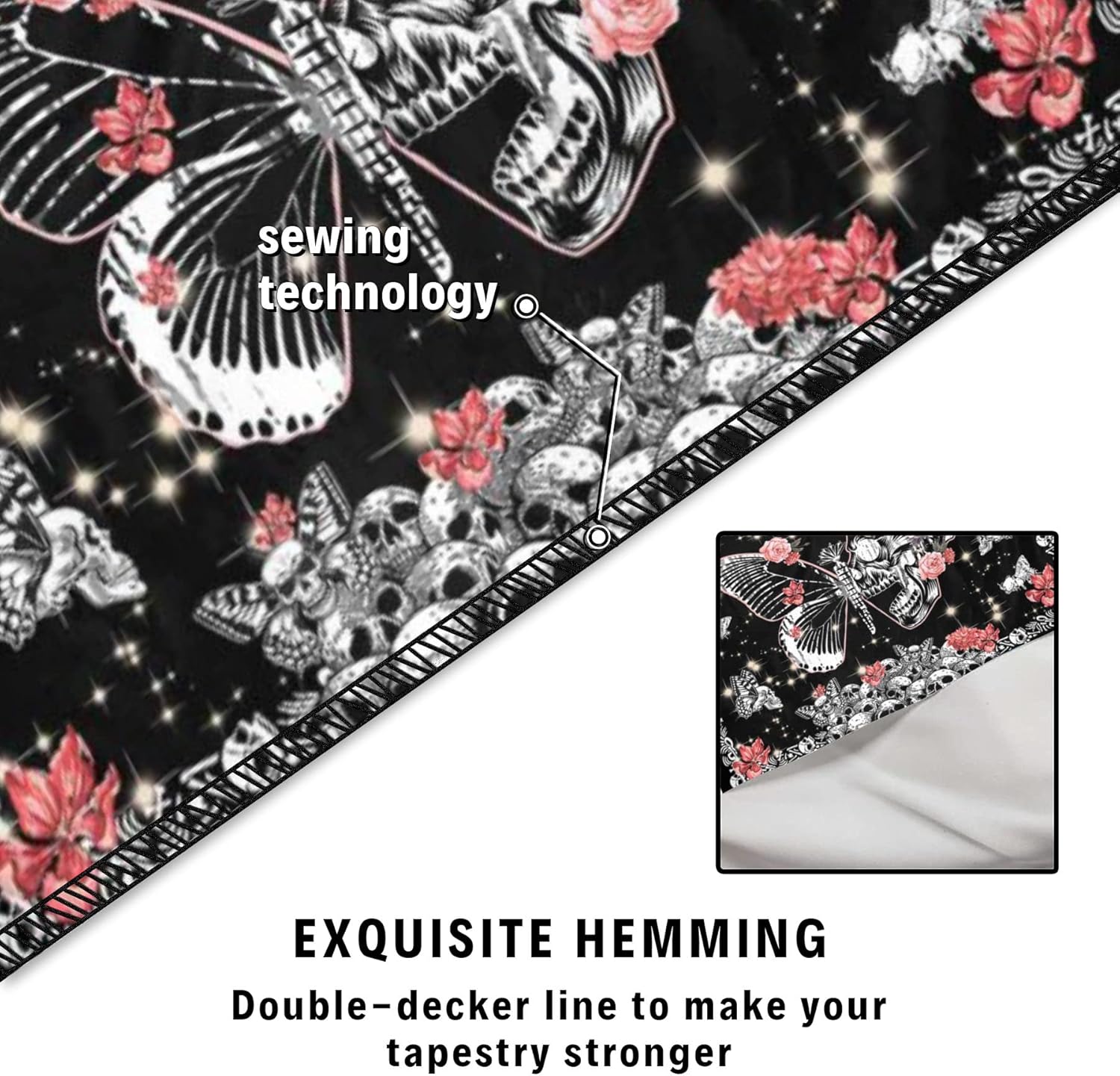 D-Story Tapiz para colgar en la pared, tapiz de calavera, esqueleto, luna, mariposa, flores, decoración del hogar, tapiz de pared de calavera, telón
