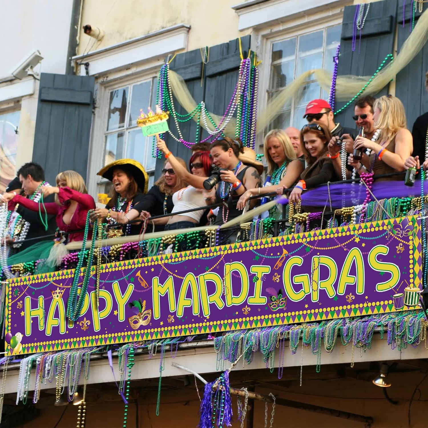 Probsin Cartel de Mardi Gras de 120 x 20 pulgadas, decoración para patio, decoración de Nueva Orleans, suministros para fiestas de máscaras, corona