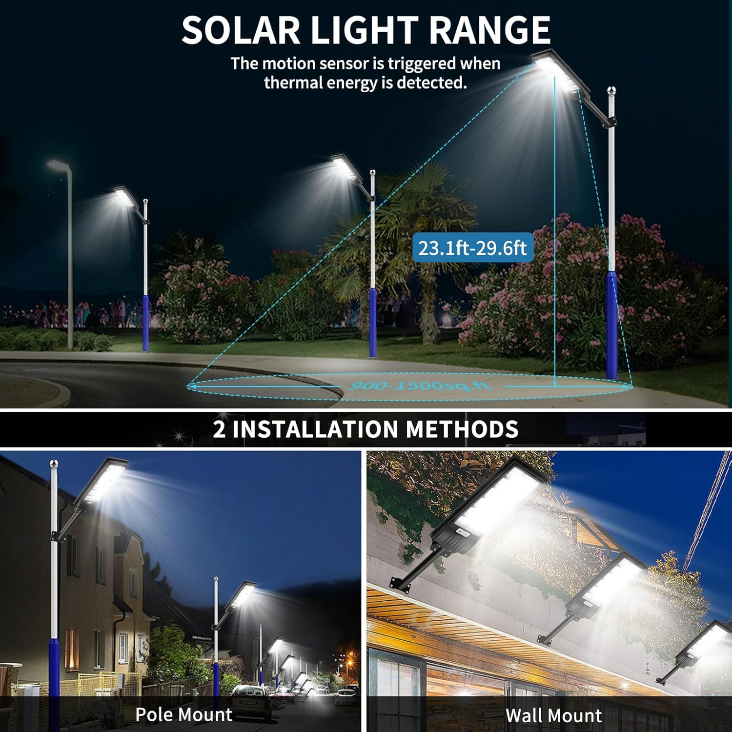 Viugreum Luces solares de calle de 1000 W para exteriores con sensor de movimiento, paquete de 10 1080 LED, 6000 K IP65, luces solares de