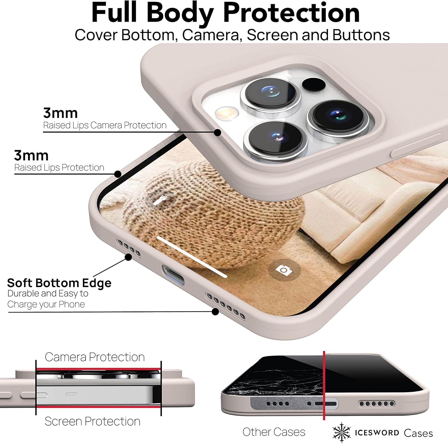 IceSword Funda para iPhone 15 Pro Stone (2023), funda de silicona líquida delgada y protectora, forro de microfibra suave antiarañazos, color beige