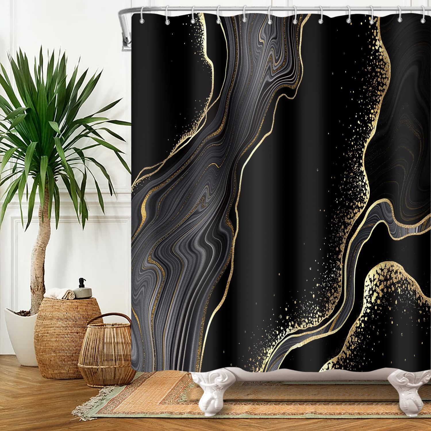 Baocicco Cortina de ducha de mármol negro y dorado, cortinas de ducha abstractas de lujo modernas para bañeras, cortina de ducha de tela impermeable