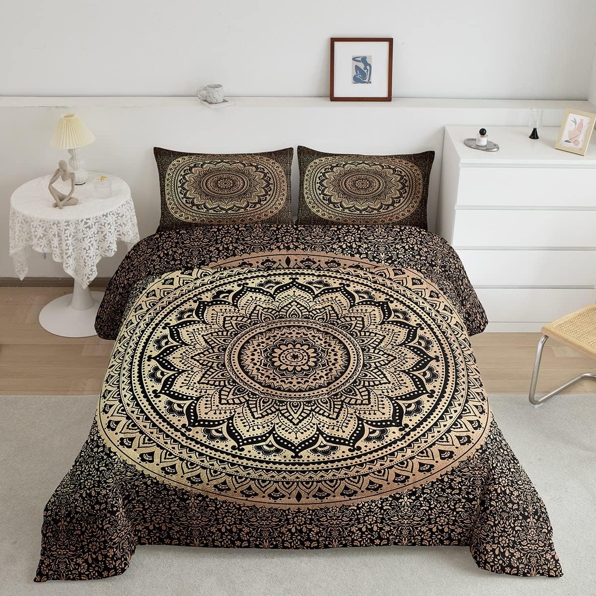 Castle Fairy Juego de edredón bohemio de mandala para niños, niñas, niños y adolescentes, edredón bohemio de 3 piezas, color marrón y negro, tamaño