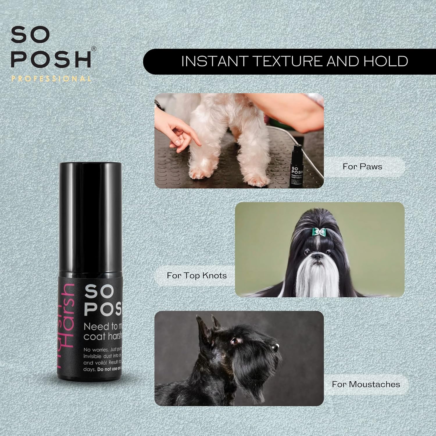 So Posh – Polvo duro y áspero estilo para perros añade textura instantánea, completamente invisible, añade sujeción a patas, bigotes y nudos