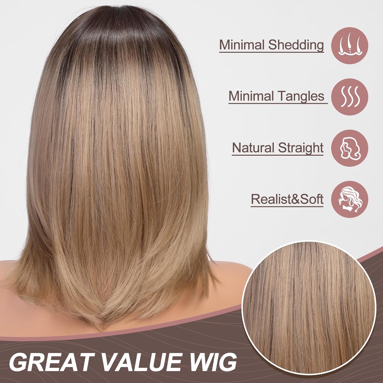 HAIRCUBE Pelucas de color marrón degradado para mujer, peluca rubia ceniza con flequillo de cortina, longitud al hombro, peluca sintética natural