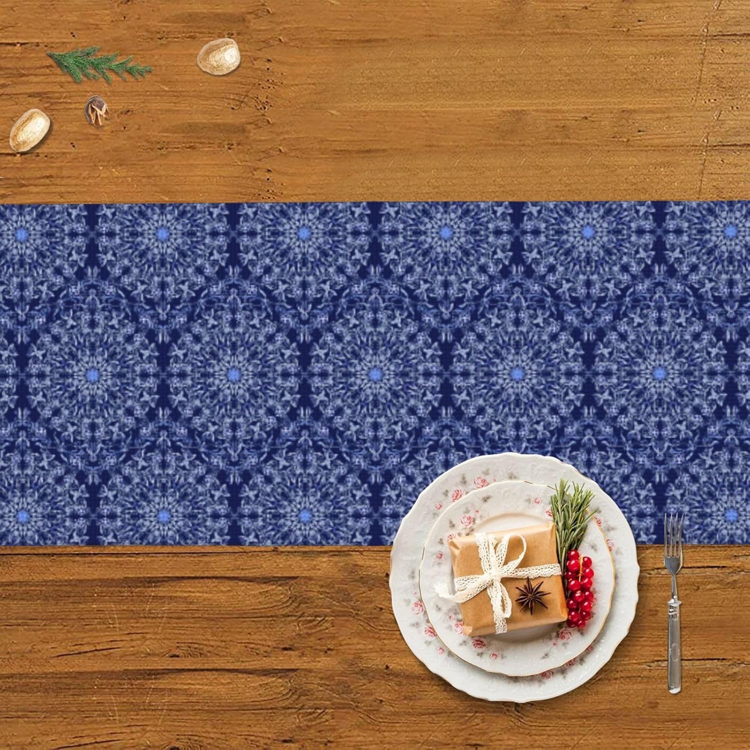 Camino de mesa de Navidad con flores azules, decoración de mesa de comedor, decoración de Navidad, decoración de interiores del hogar, caminos de