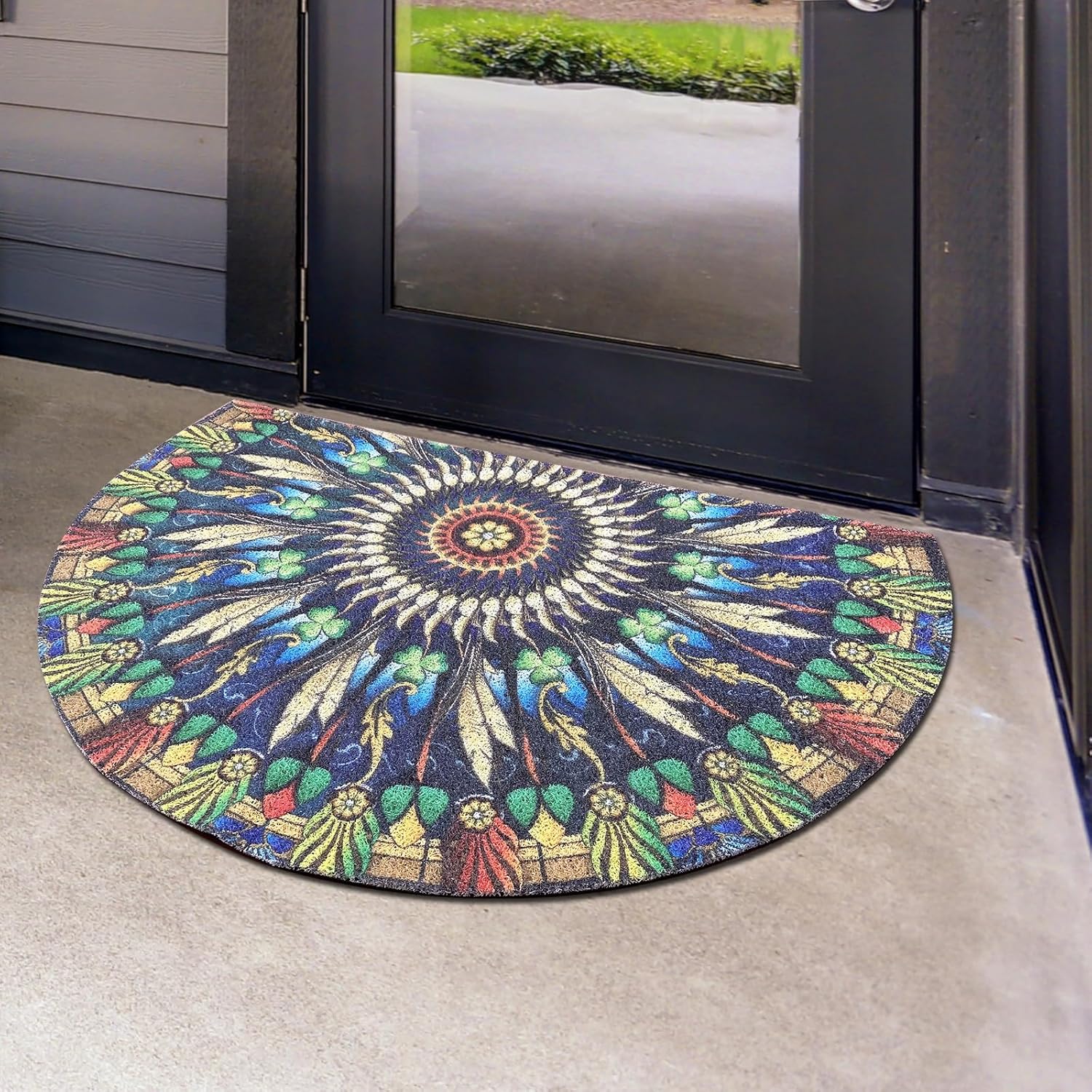 Tapete de bienvenida bohemio verde semicircular para interiores y exteriores, lazo de seda, resistente, bohemio, para puerta delantera, fácil de