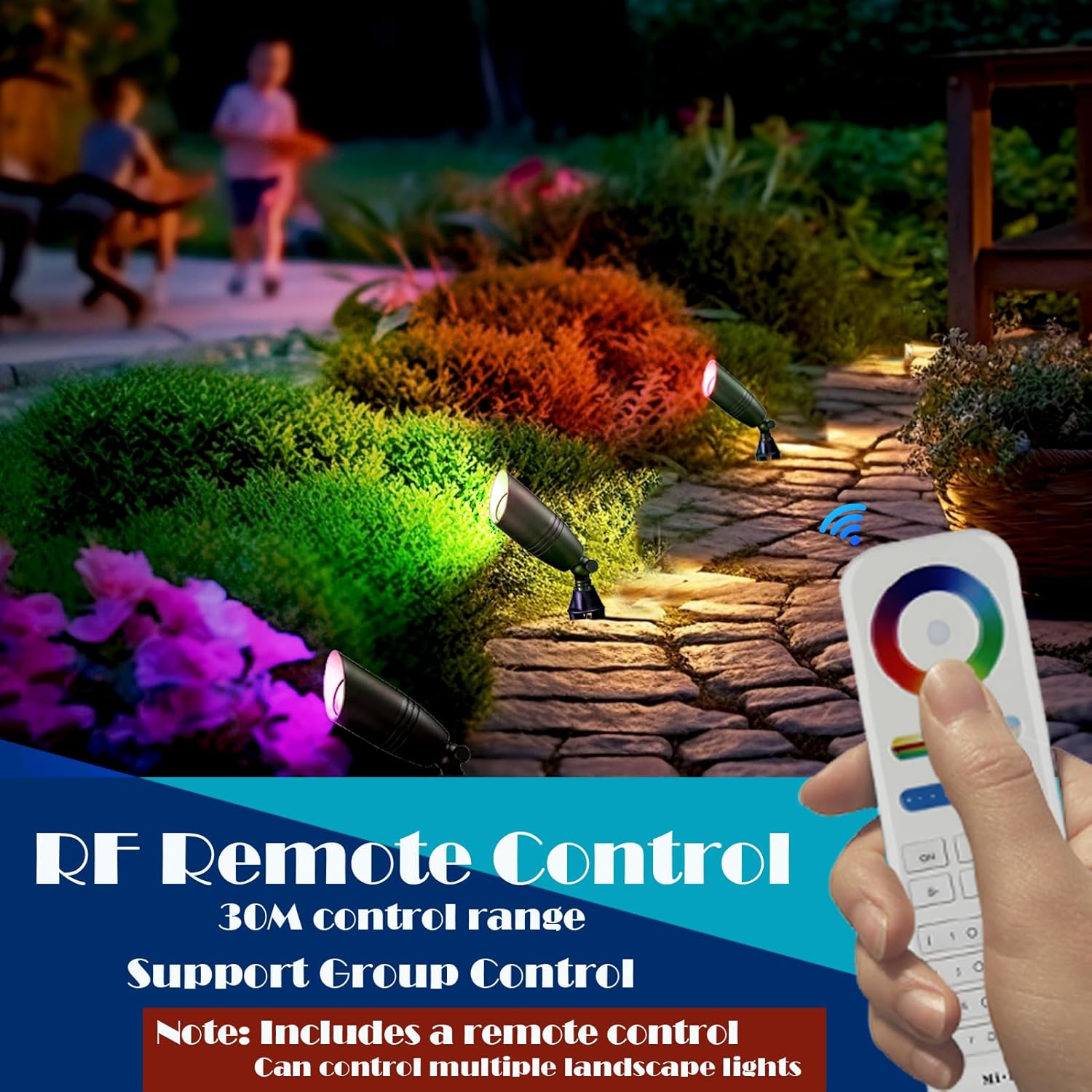 iYogaled Iluminación de paisaje RGB de bajo voltaje, luces de paisaje de latón que cambian de color con 4 bombillas MR16, luces de 12 V al aire