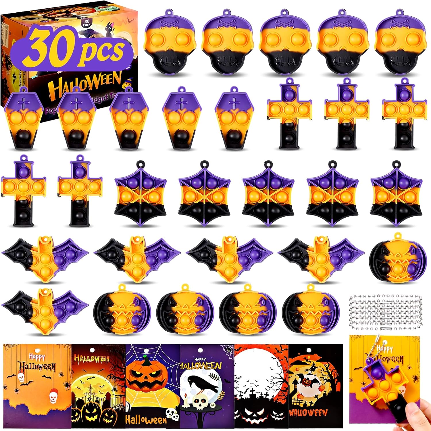 30 piezas de mini llavero de Halloween Pop Fidget juguetes a granel, juguetes de Halloween para bolsas de regalos, regalos de fiesta, premio en el