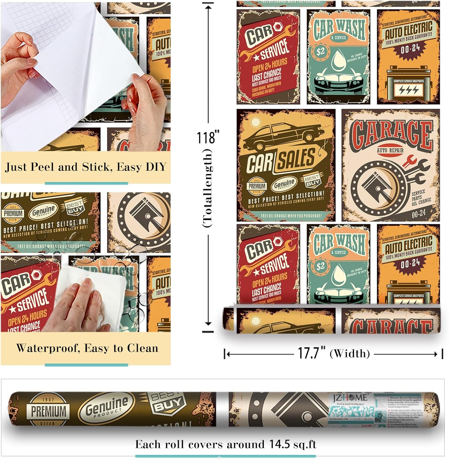 1683-3 – Papel tapiz para despegar y pegar, póster vintage de venta de automóviles, letrero de lata de 17.7 pulgadas x 9.8 pies, vinilo extraíble,