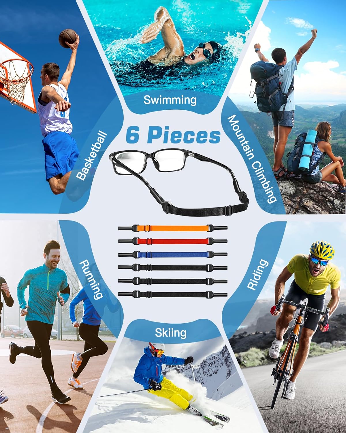Vastar Correas para lentes  6 piezas de retenedor ajustable para gafas, correa de gafas de sol sin cola, correas de soporte para gafas para hombres,