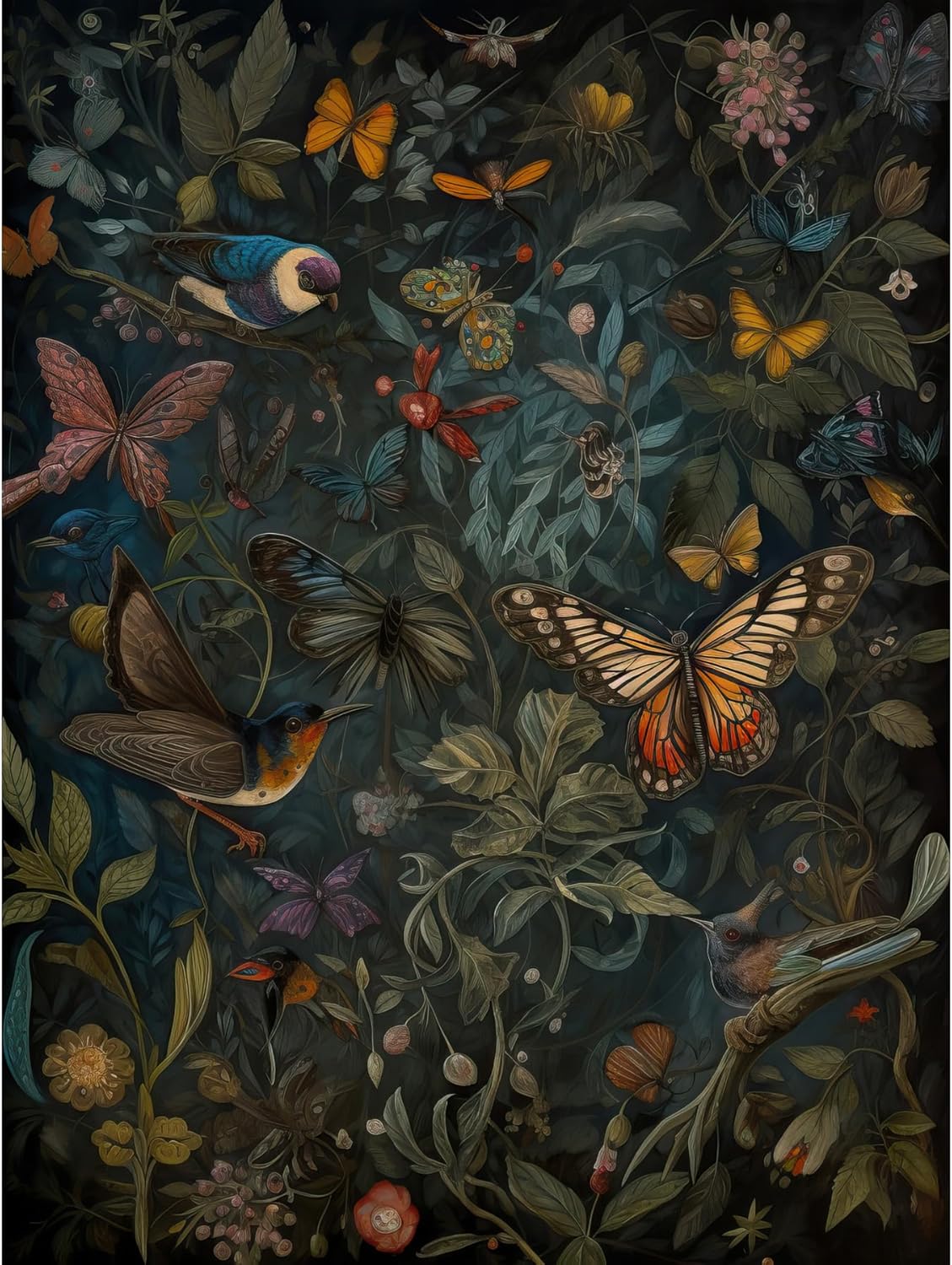 William Morris Style – Póster decorativo para pared, diseño de pájaros y mariposas, papel grueso, 18 x 24 pulgadas