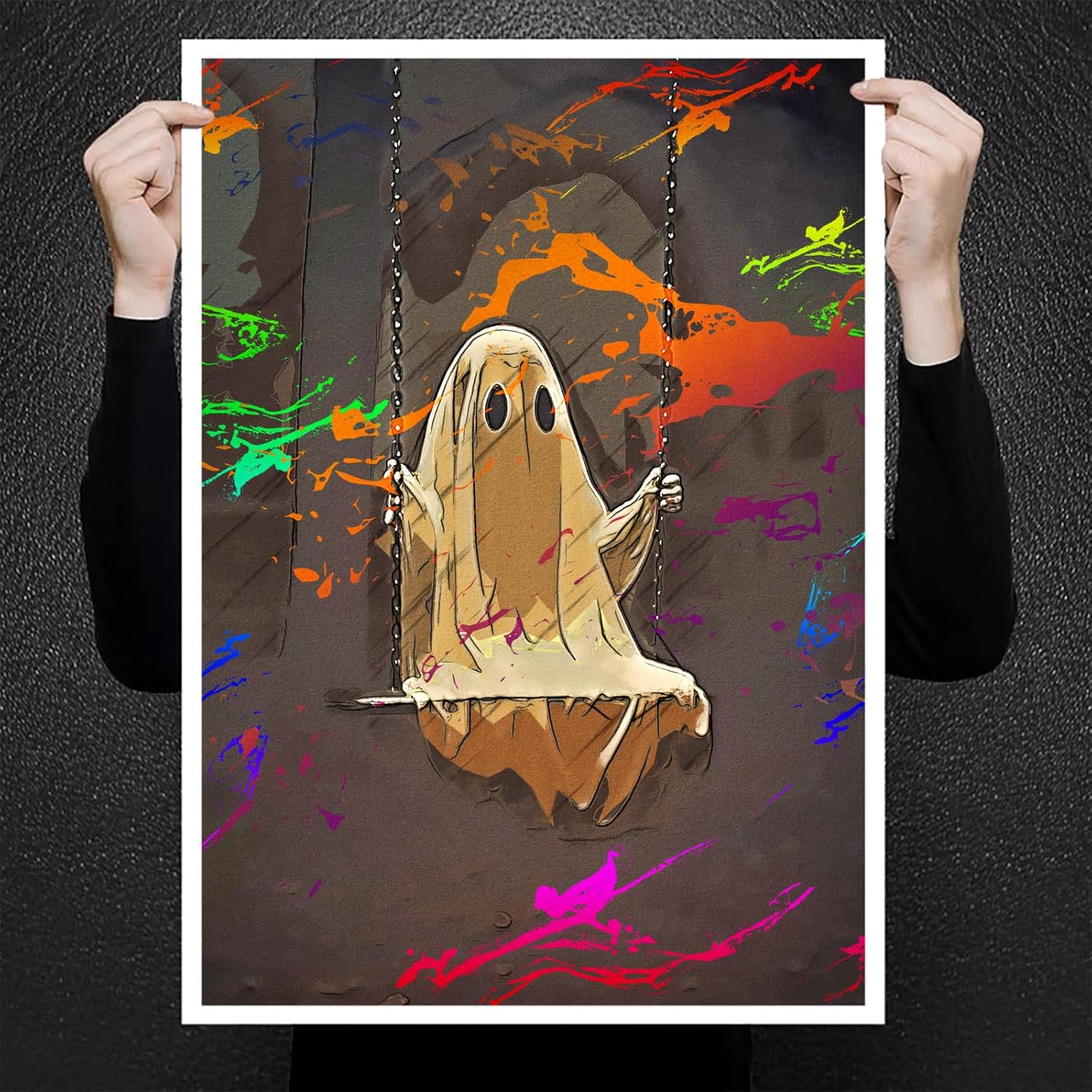 Lienzo decorativo para pared de fantasma, divertido póster de fantasma en columpio de bosque, impresión artística de Halloween (18 x 12 pulgadas,