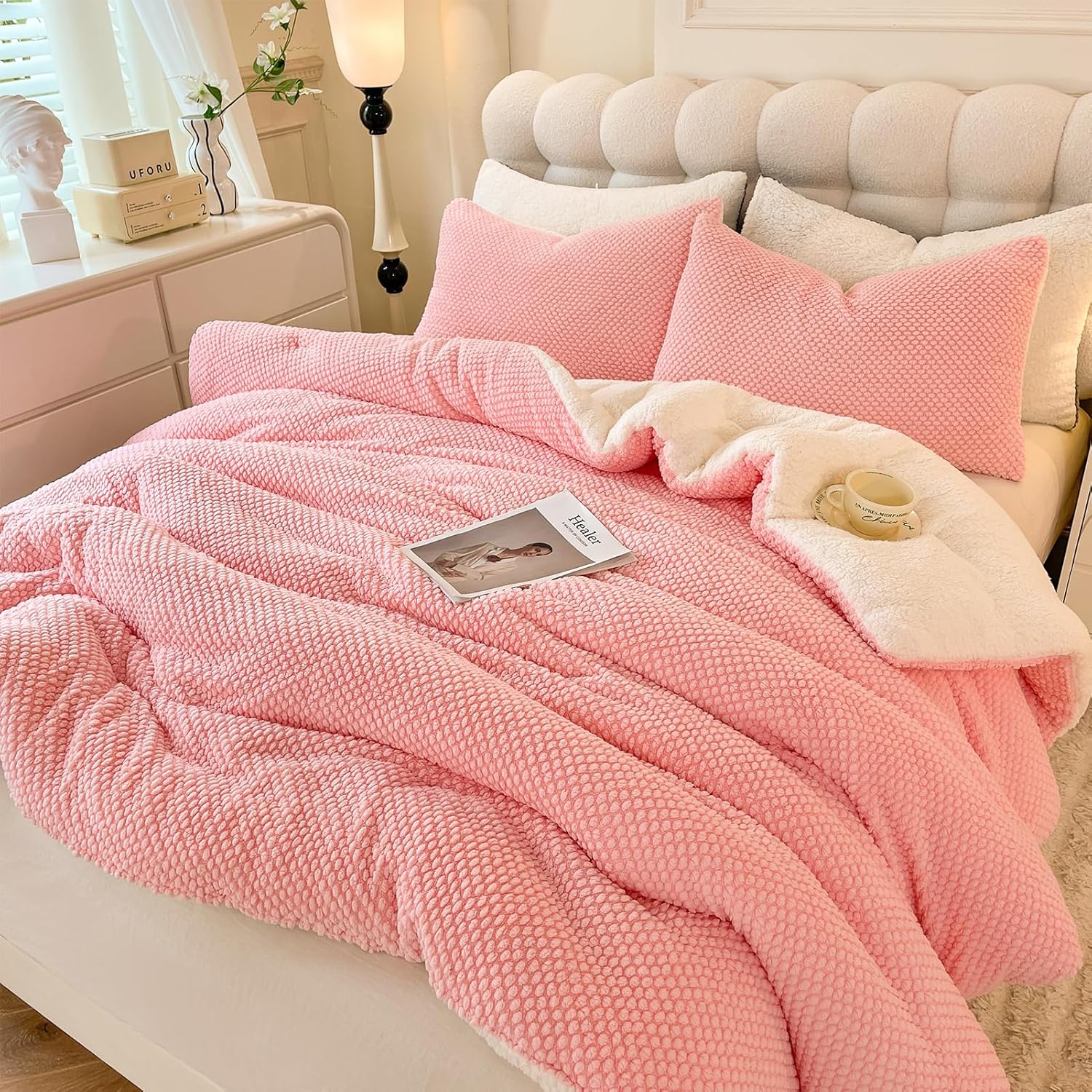 Juego de edredón de diseño jacquard 3D, ultra suave, cálido, tamaño Queen, felpa de piel sherpa, juego de 3 piezas, ropa de cama acogedora de lujo