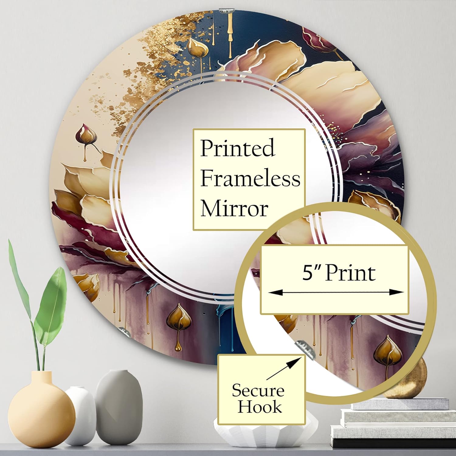 Night Shade Tulip Design III- Vanity Mirror, Bathroom Mirrors, Wall Mirrors for Living Room, Bedroom – Round Mirror – Large 24’x24′, 32’x32′