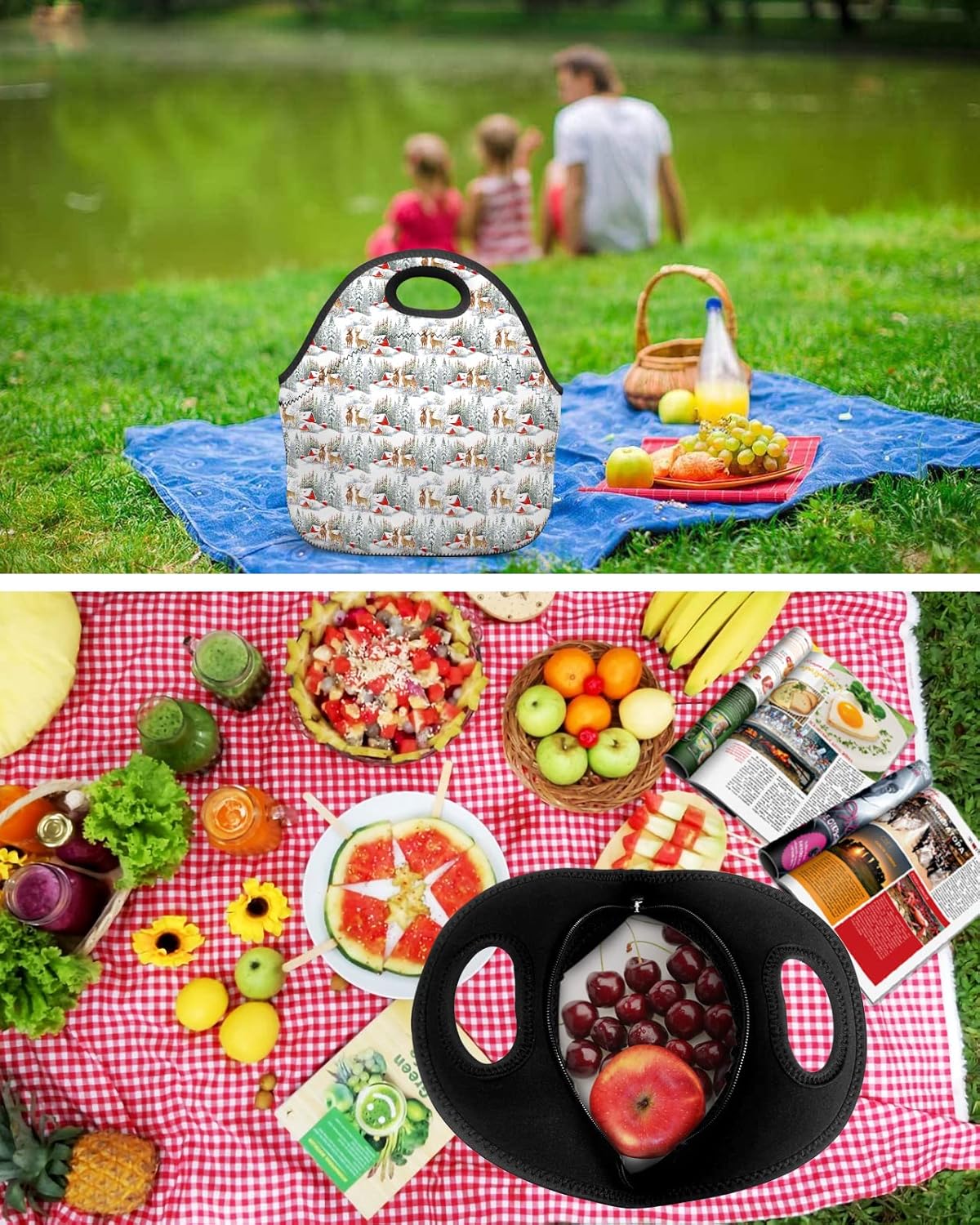 Bolsa de almuerzo reutilizable de neopreno, con diseño de reno y pino de Navidad, suave y térmica, ligera, lavable, aislada, para mujereshombres,