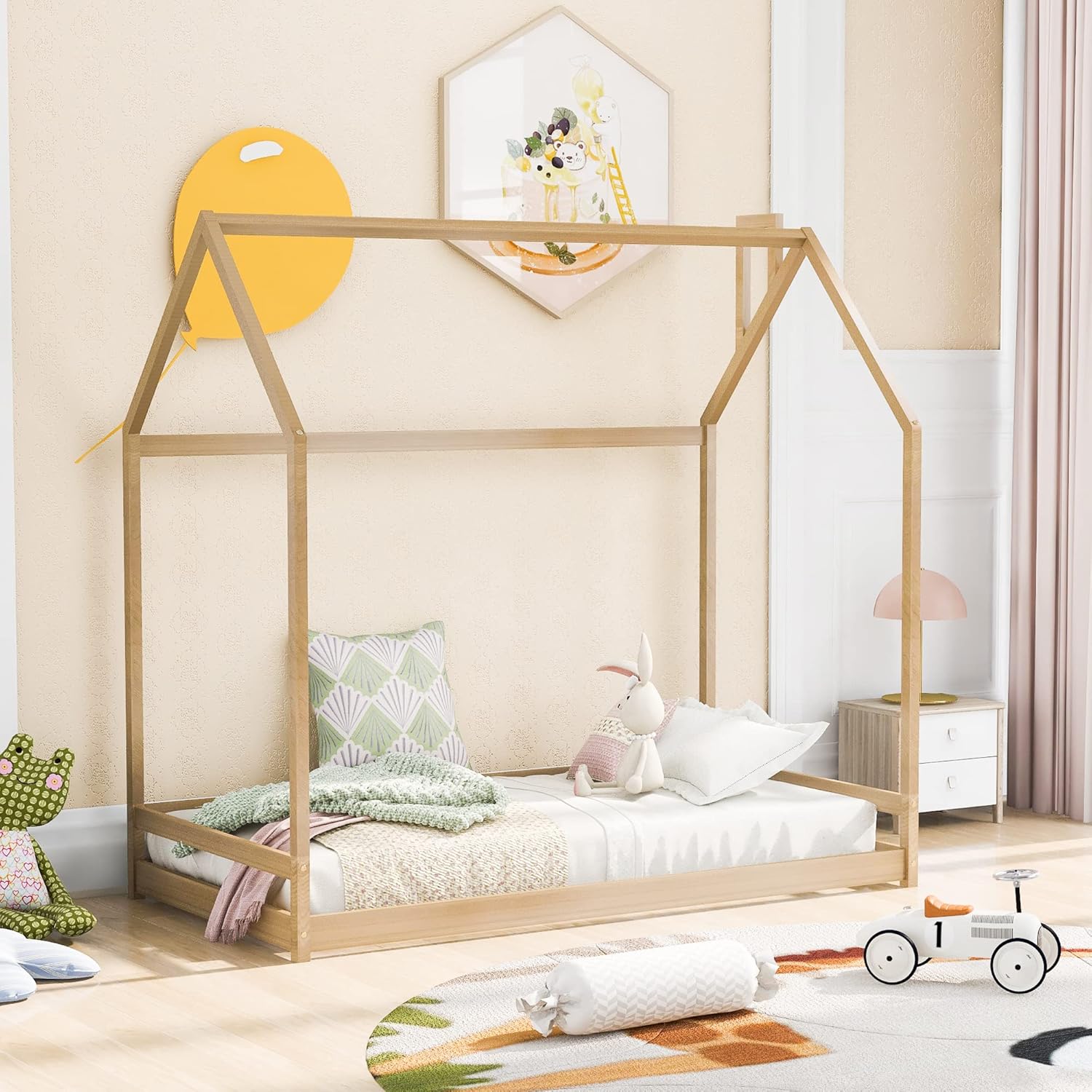 P PURLOVE Marco de cama de piso individual para niños, niñas, niños, marco de cama Montessori de tamaño individual con techo, marco de cama de