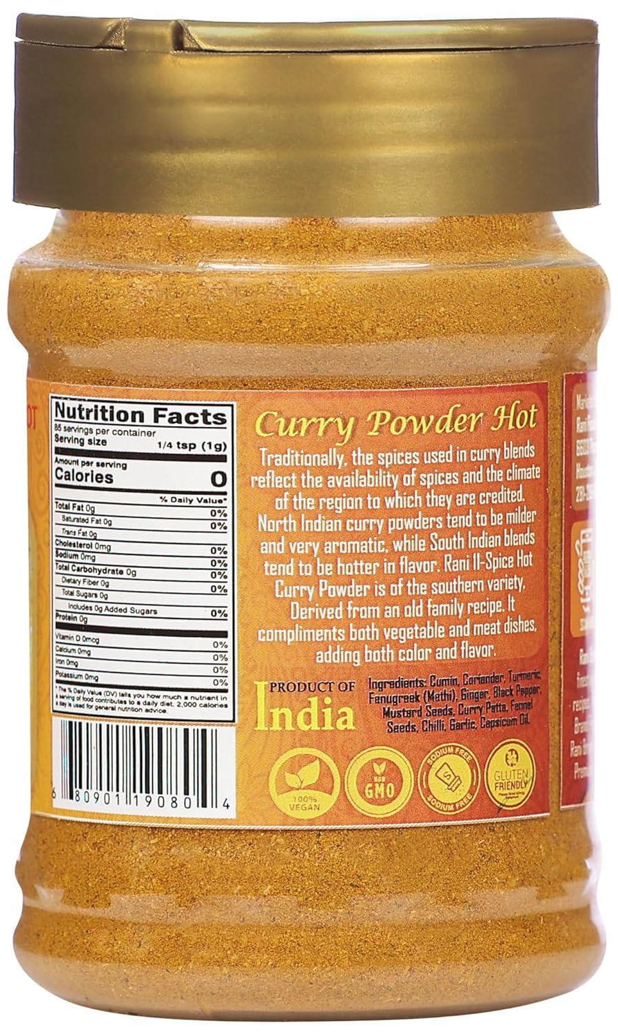 Rani Curry en polvo caliente (mezcla india auténtica de 11 especias) Tarro PET de 3 onzas (3.00oz)  Todo natural  Sin sal  Vegano  Sin colores  Apto