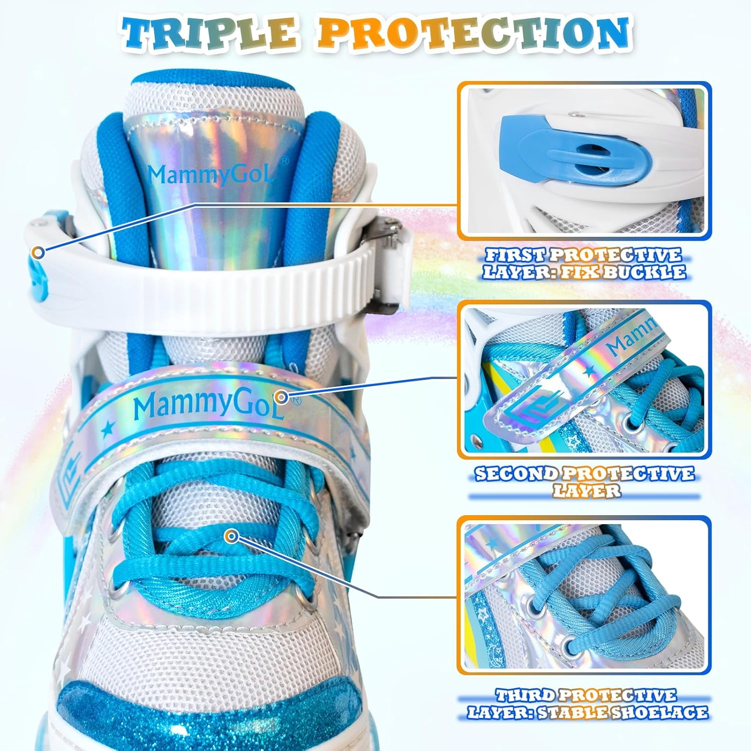 MammyGol Patines de ruedas para niñas y niños, 4 tamaños ajustables de arco iris, patines cuádruples con todas las ruedas iluminadas para niños