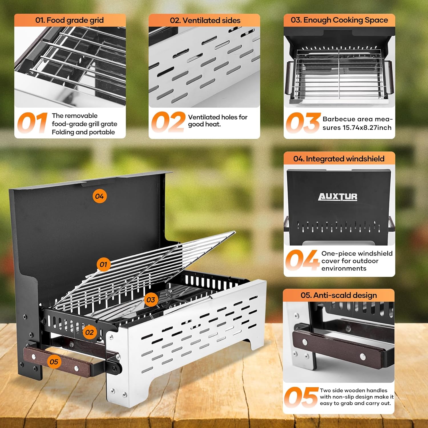 AUXTUR Parrilla de carbón portátil plegable, escritorio de barbacoa, mesa para ahumar al aire libre, acero inoxidable, barbacoa, portátil, ligera,