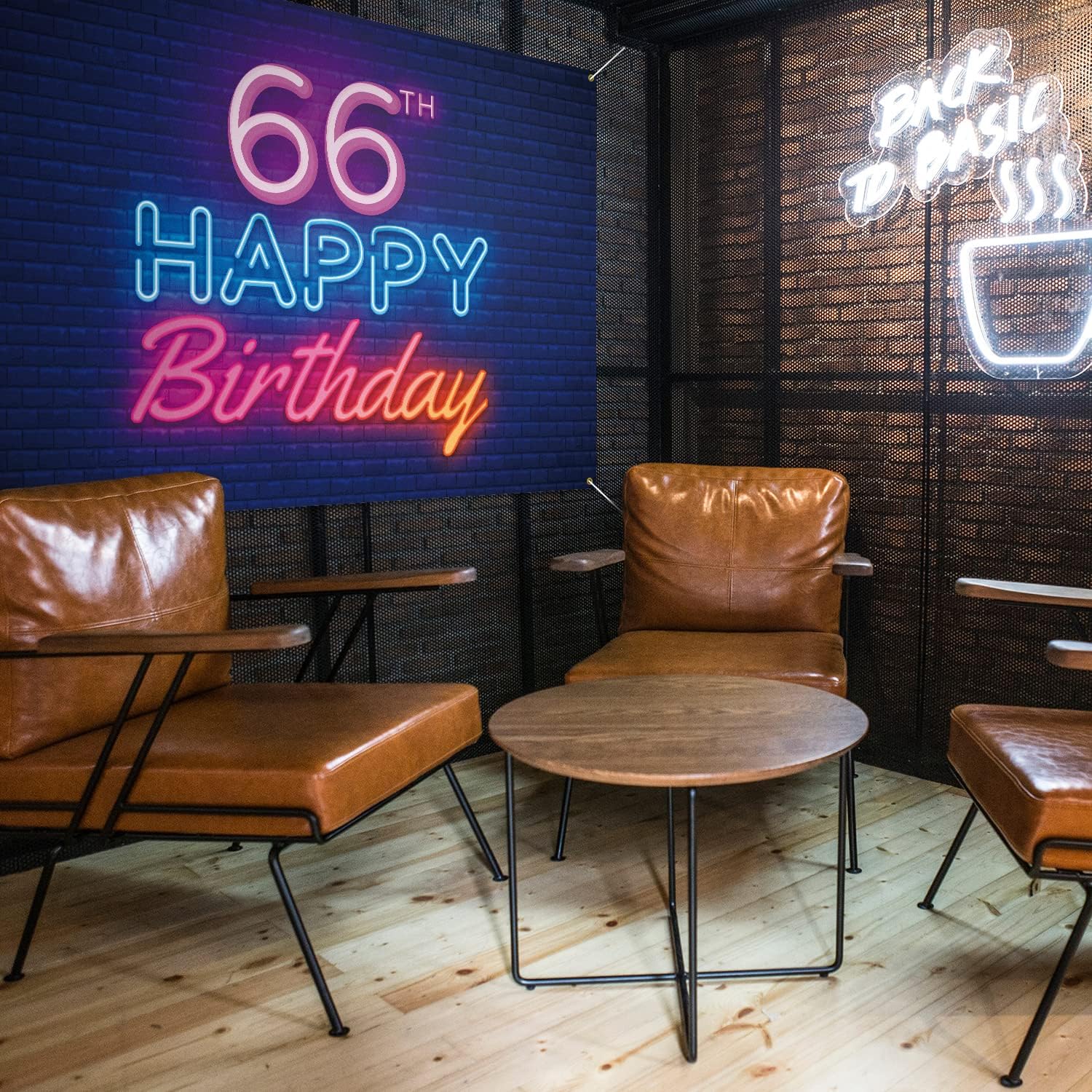 Cartel de fondo de neón brillante con texto en inglés “Happy 66th Birthday”, decoración temática de fiesta de cumpleaños de 66 años para hombres y