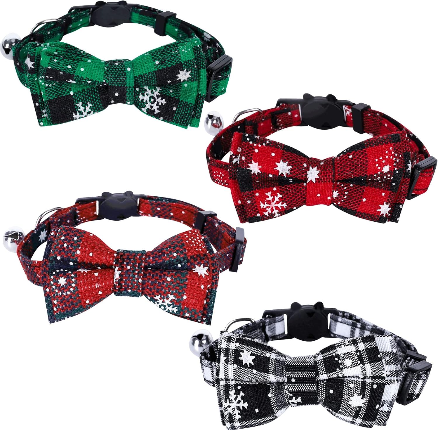 Whaline Paquete de 4 collares de Navidad para mascotas, collar clásico de búfalo a cuadros con lazo extraíble estampado de copo de nieve, collar de