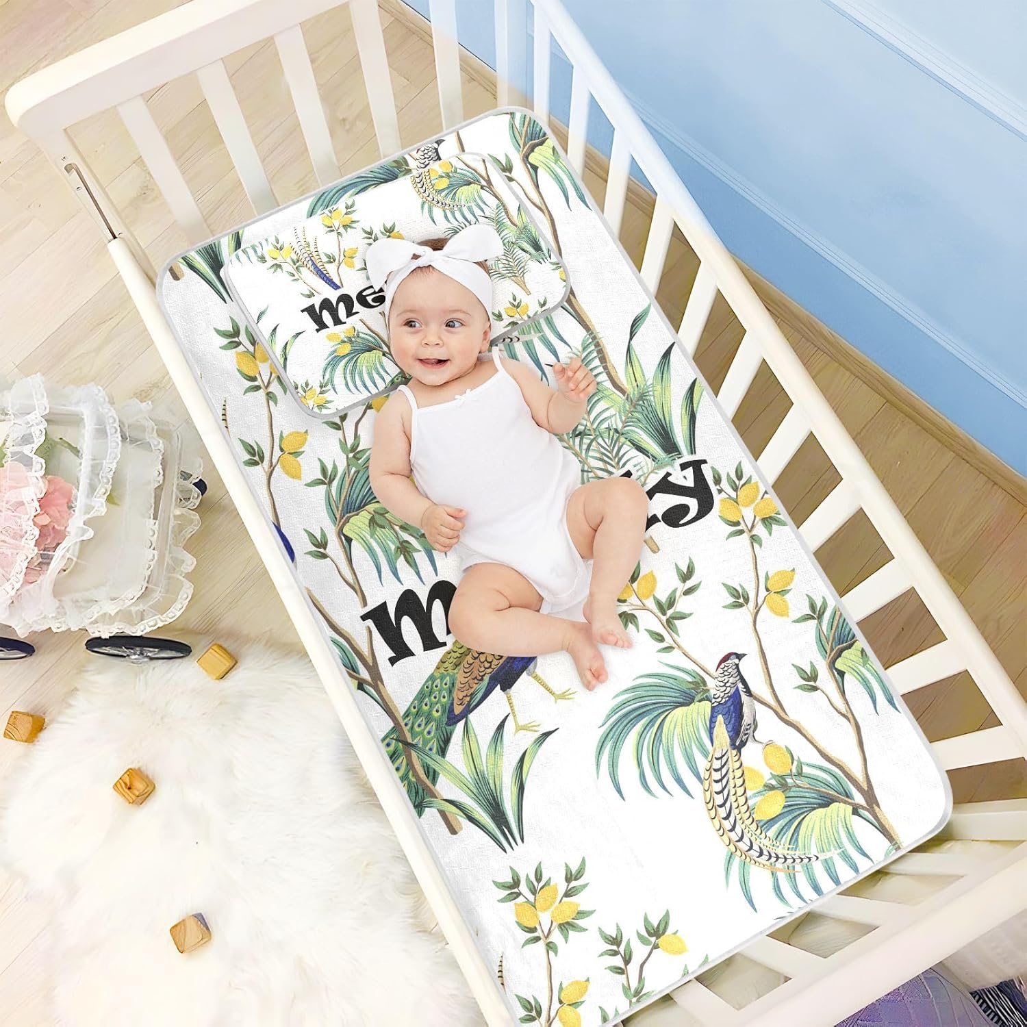 Custom Peacock Crib Mattress Protector Pad for Boys Girls Baby Ice Silk Mat Bed Playard Playpen Sheets Cooling Mattress Topper Play Mat for Standard