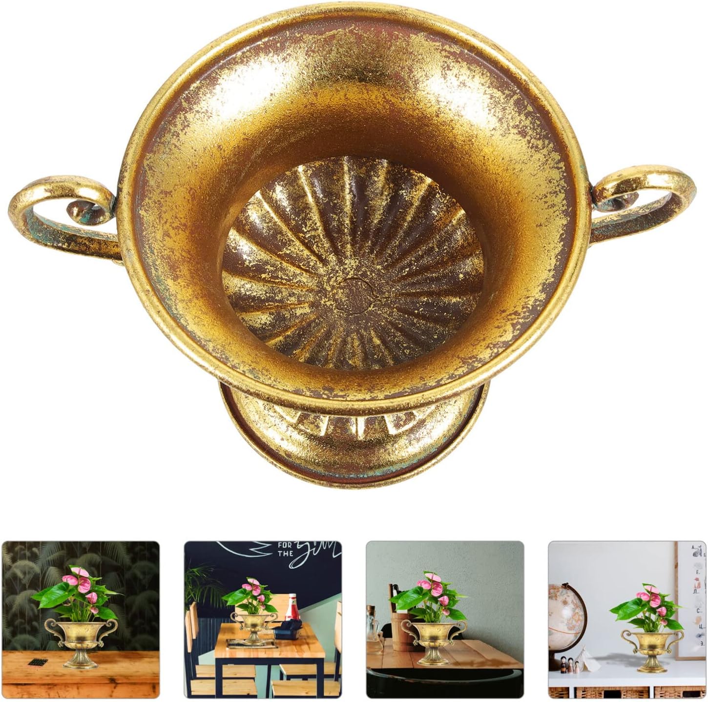 Maceta de urna antigua, jarrón de pedestal, jarrón de metal dorado envejecido, jarrón alto de trompeta elegante, macetas para centro de mesa,