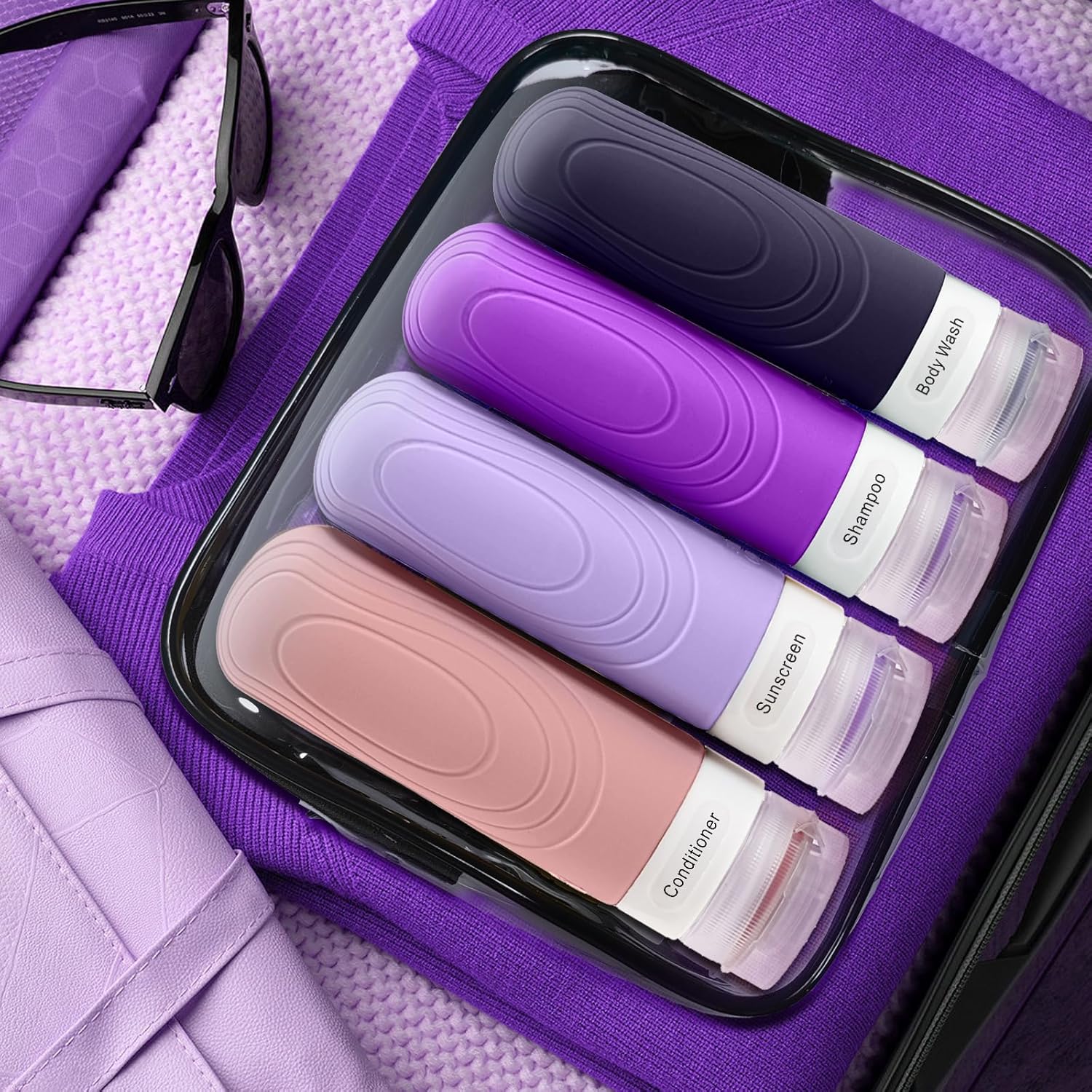 GLAMFIELDS Botellas de viaje para artículos de aseo personal, aprobadas por la TSA, recipientes de viaje de silicona a prueba de fugas, 3 onzas para