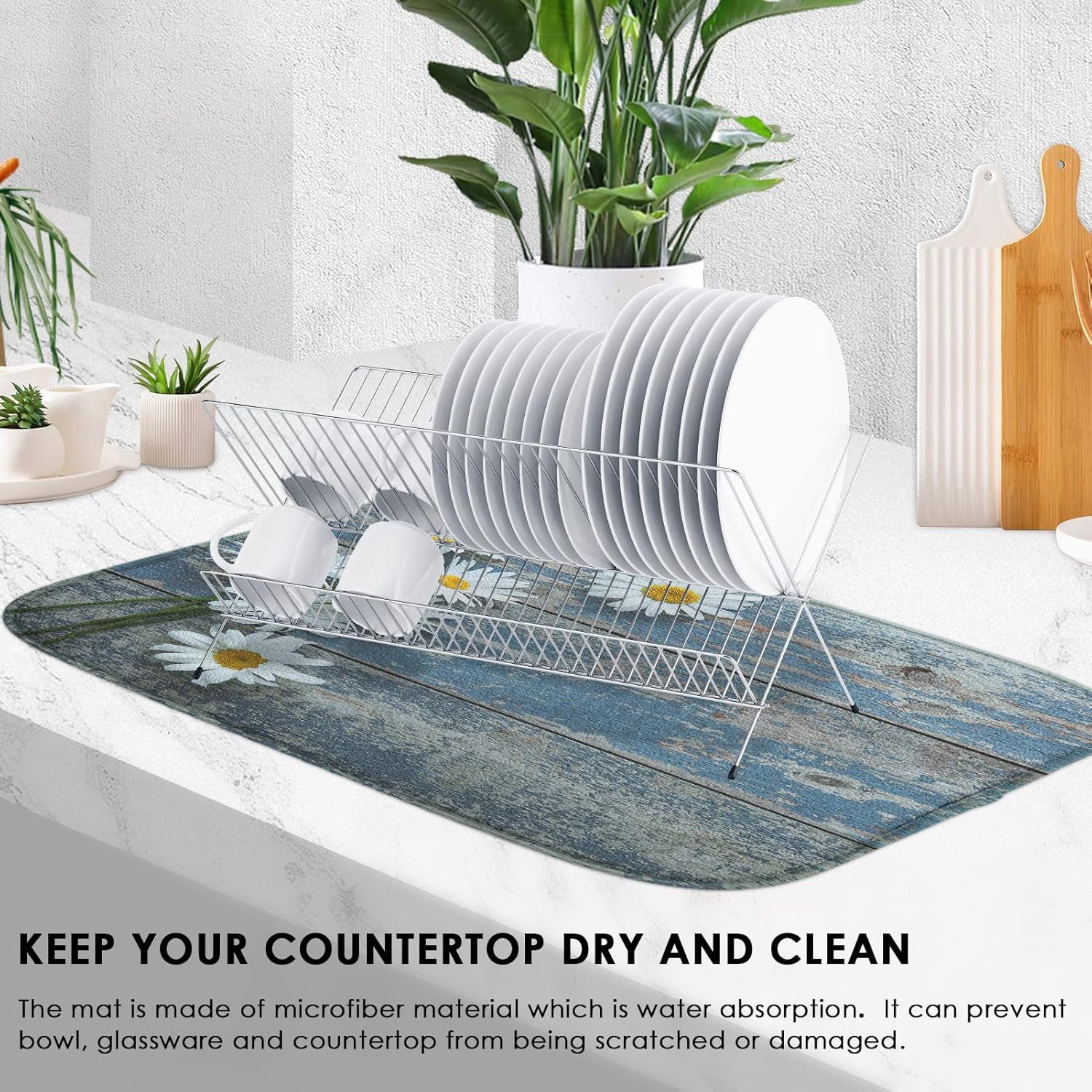 Tapete absorbente para secar platos, almohadilla de microfibra de madera de madera con margaritas de verano para encimera de cocina, decoración de