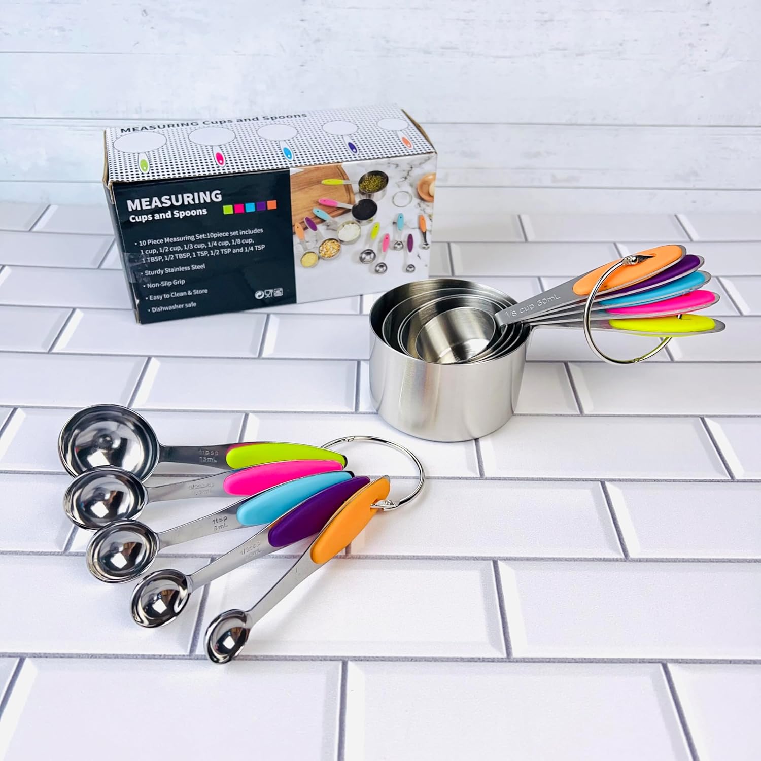 Juego de tazas y cucharas medidoras de acero inoxidable, 10 piezas más 15 recetas de libros electrónicos, 5 tazas medidoras y 5 cucharas medidoras