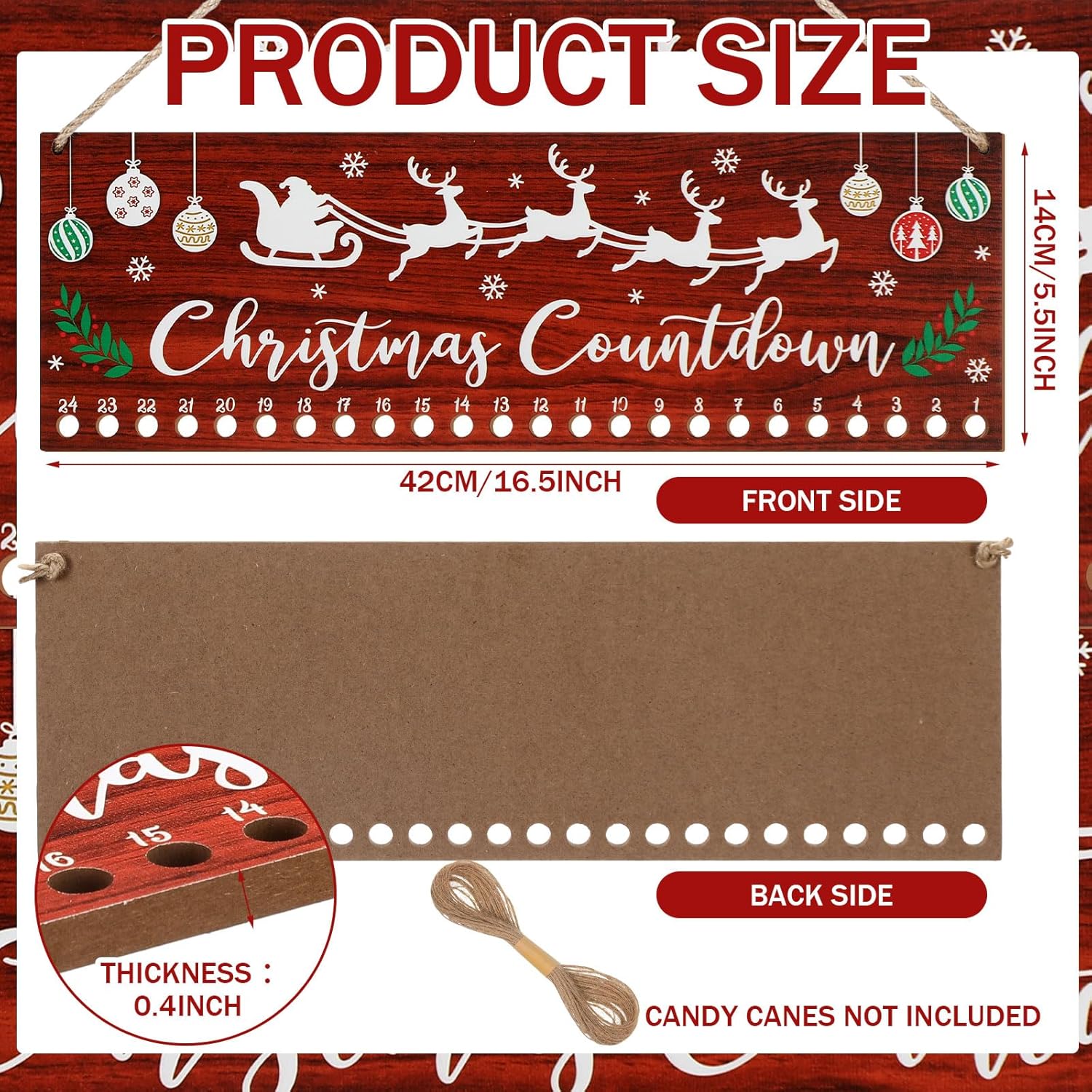 Calendario de Adviento de madera con cuenta regresiva de bastones de caramelo, decoración para colgar, 17 x 5.5 pulgadas, calendario de pared de 24