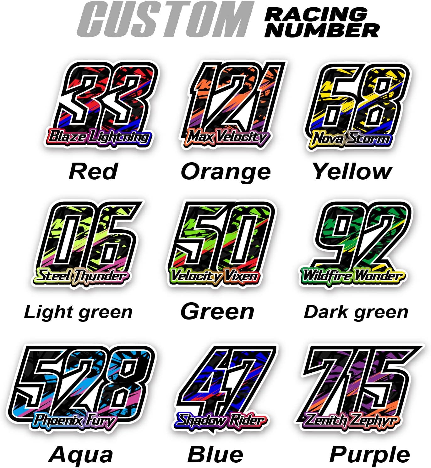 2 unidades Autocross Custom Number Sticker Car Door Racing Calcomanías de vinilo extraíbles 6-16 pulgadas rojo naranja amarillo verde azul Aque