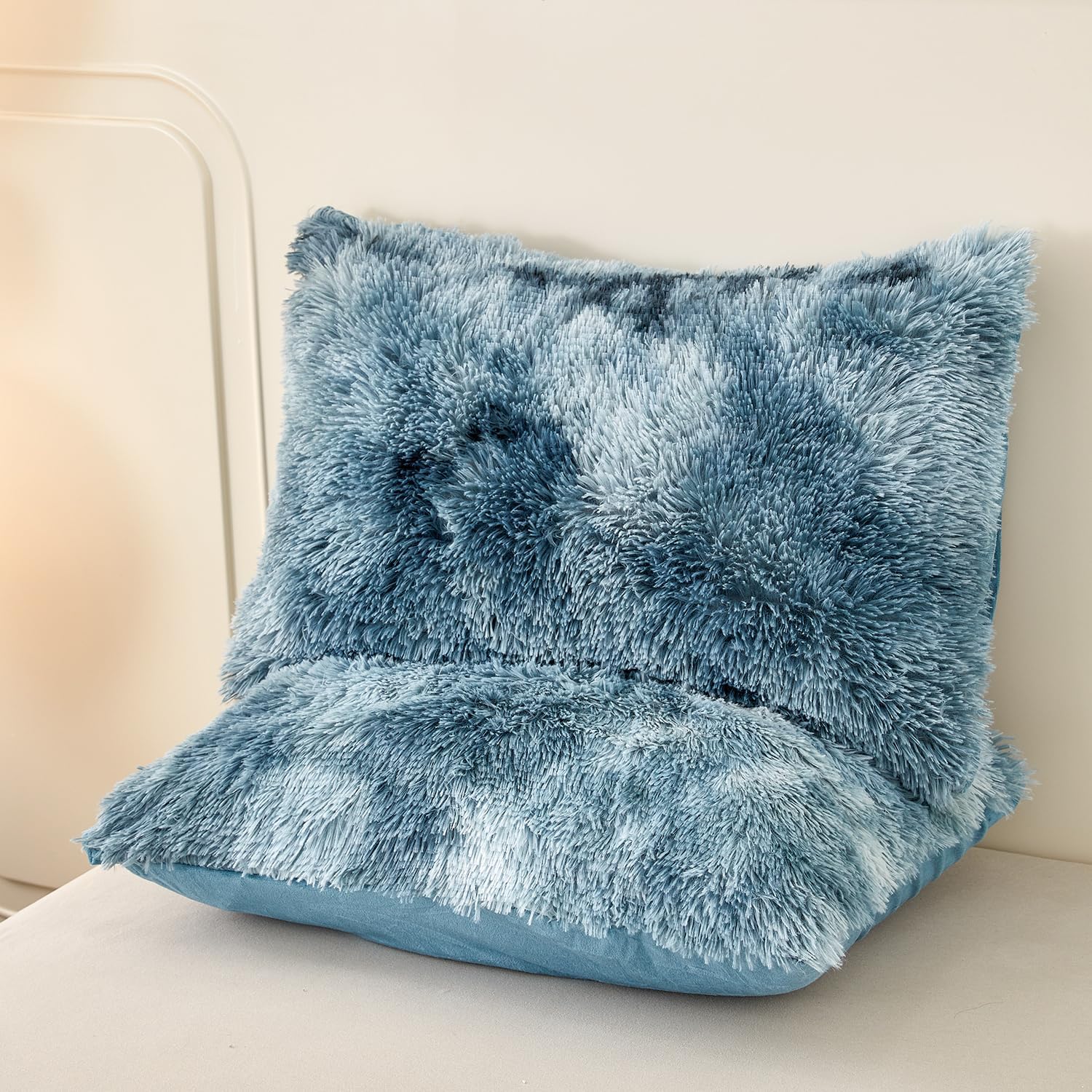 SUCSES Juego de funda de edredón tamaño Queen esponjoso de color azul marino, juego de ropa de cama de 3 piezas de pelo sintético largo de felpa –