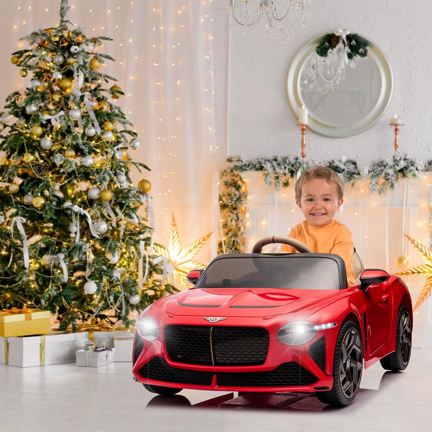 BentleyMulsanne – Auto de paseo para niños de 12 V con control remoto, 3 velocidades, luces LED, música, puertas abiertas, neumáticos que absorben