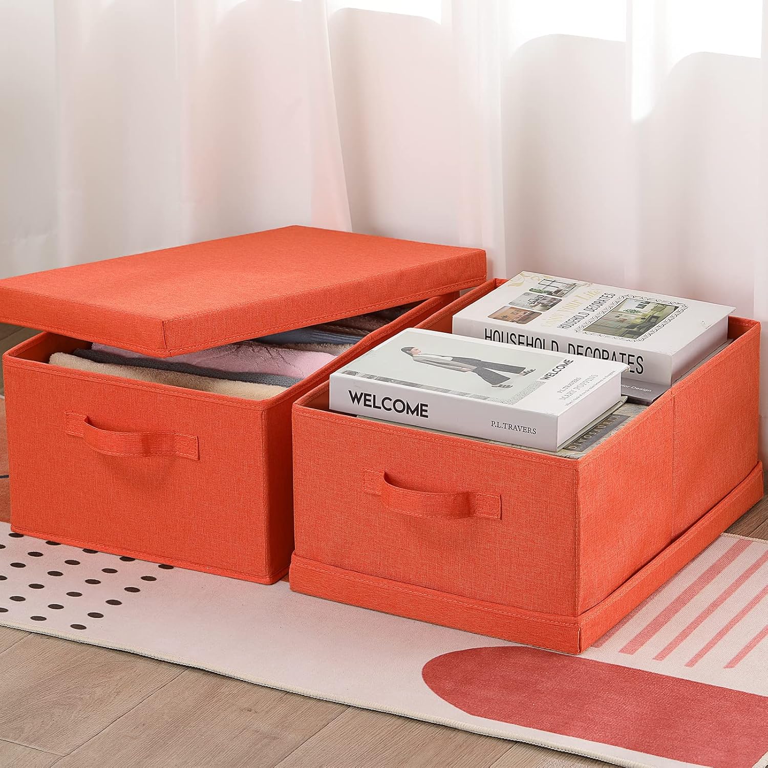 HOONEX Contenedores de almacenamiento con tapas para organizar, paquete de 2, cajas de almacenamiento con 2 asas de transporte y cartón pesado