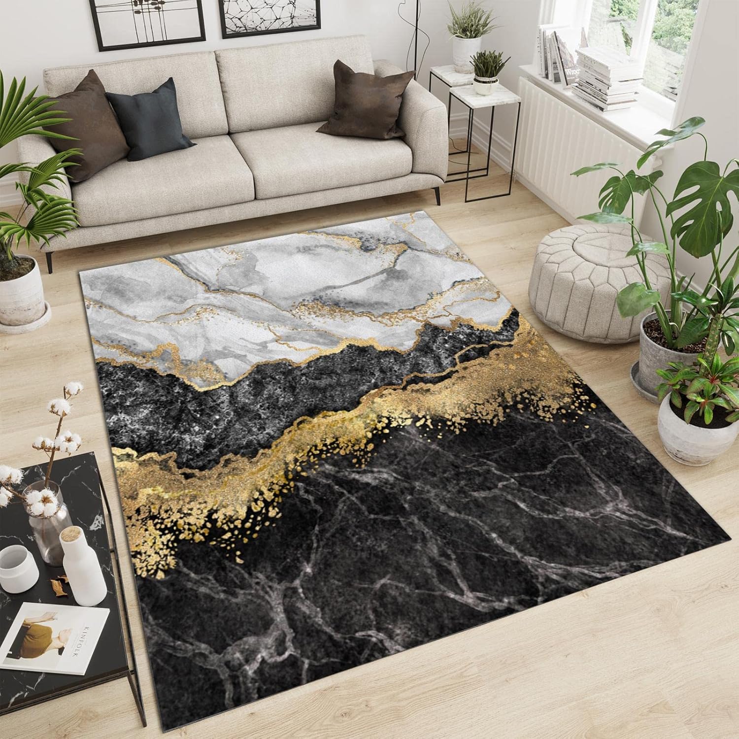 Nordic – Alfombra artística de lujo para sala de estar, alfombra moderna con textura de mármol negro, dorado y blanco, antideslizante, transpirable,
