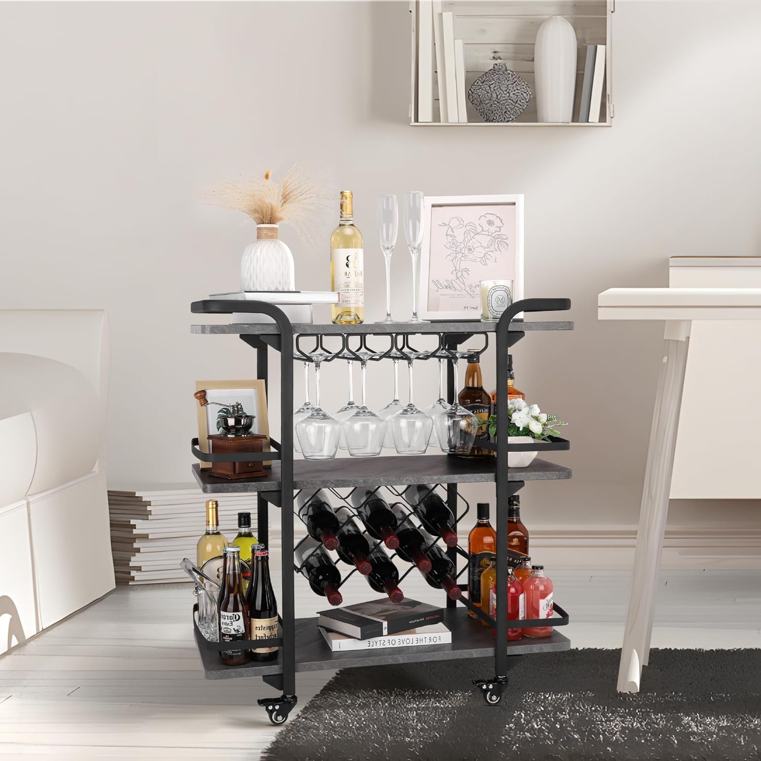 Jubao Carrito de barra de 3 niveles para el hogar, móvil con soportes para vidrio y 8 estantes de almacenamiento de vino, carrito de cocina para