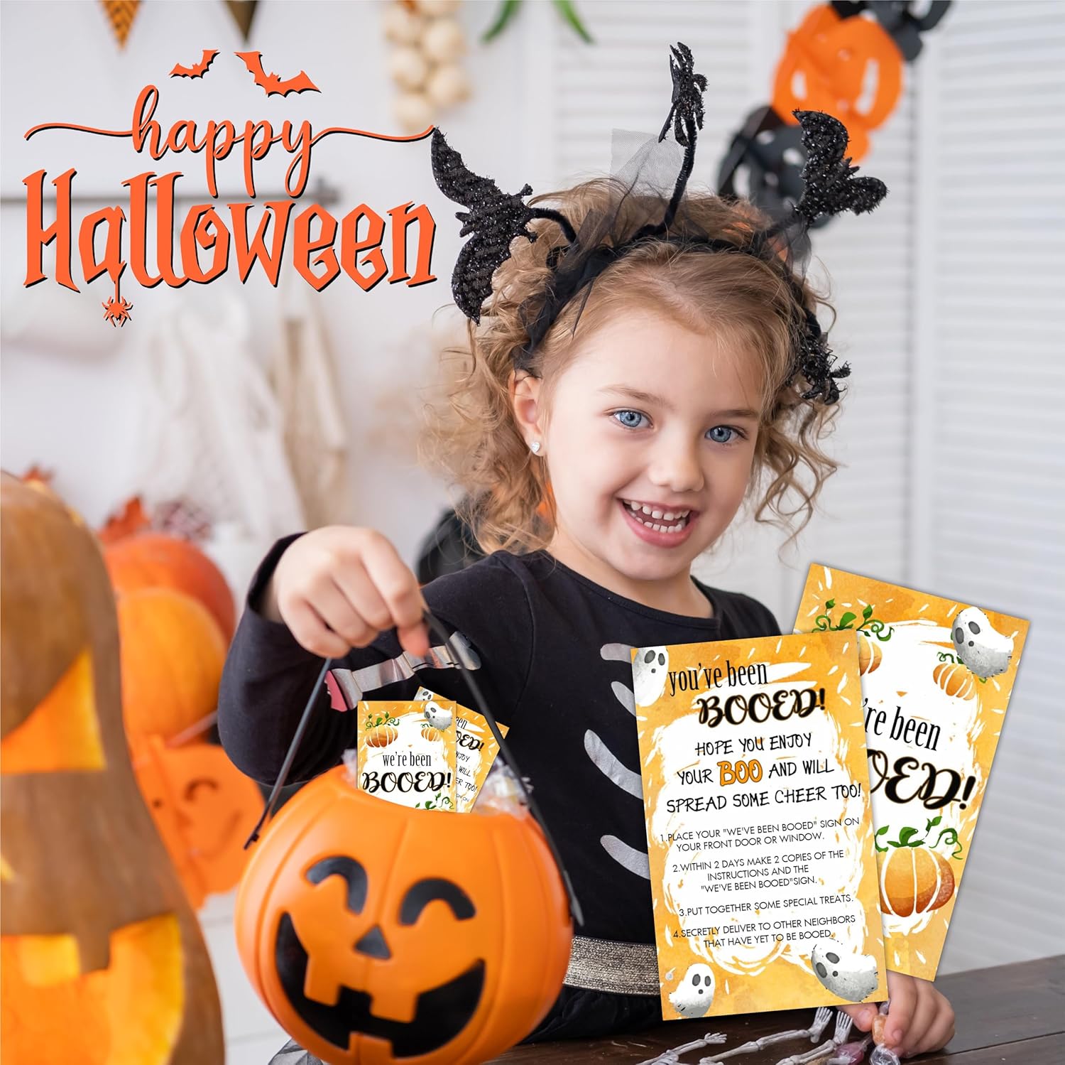 Juego de fiesta de Halloween  You’ve Been Booed, We Been Booed!  Juego de 50 tarjetas de juego de calabazas de doble cara y fantasma, recuerdos de