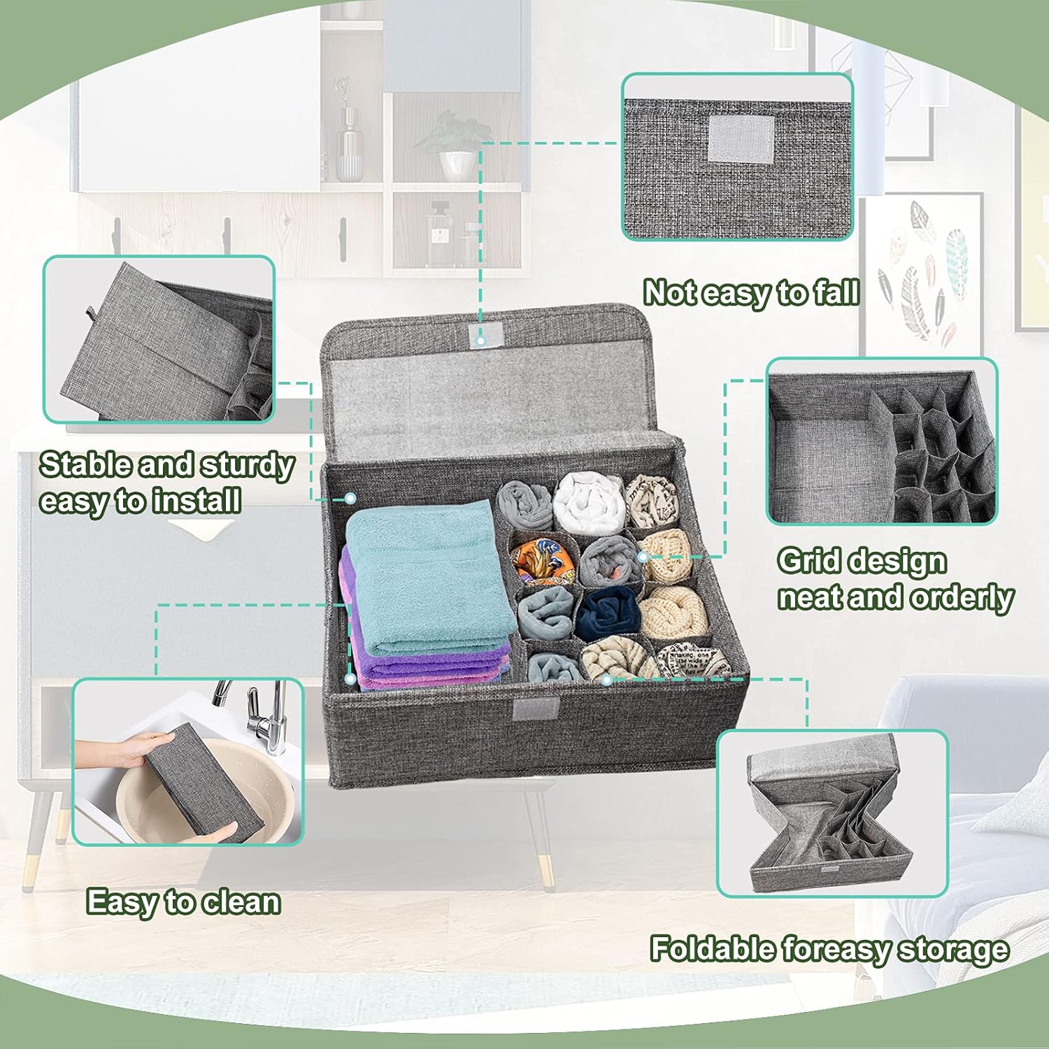 Paquete de 3 organizadores de ropa interior para armario, caja de almacenamiento con tapa, 13 celdas plegables a prueba de polvo de lino, divisores