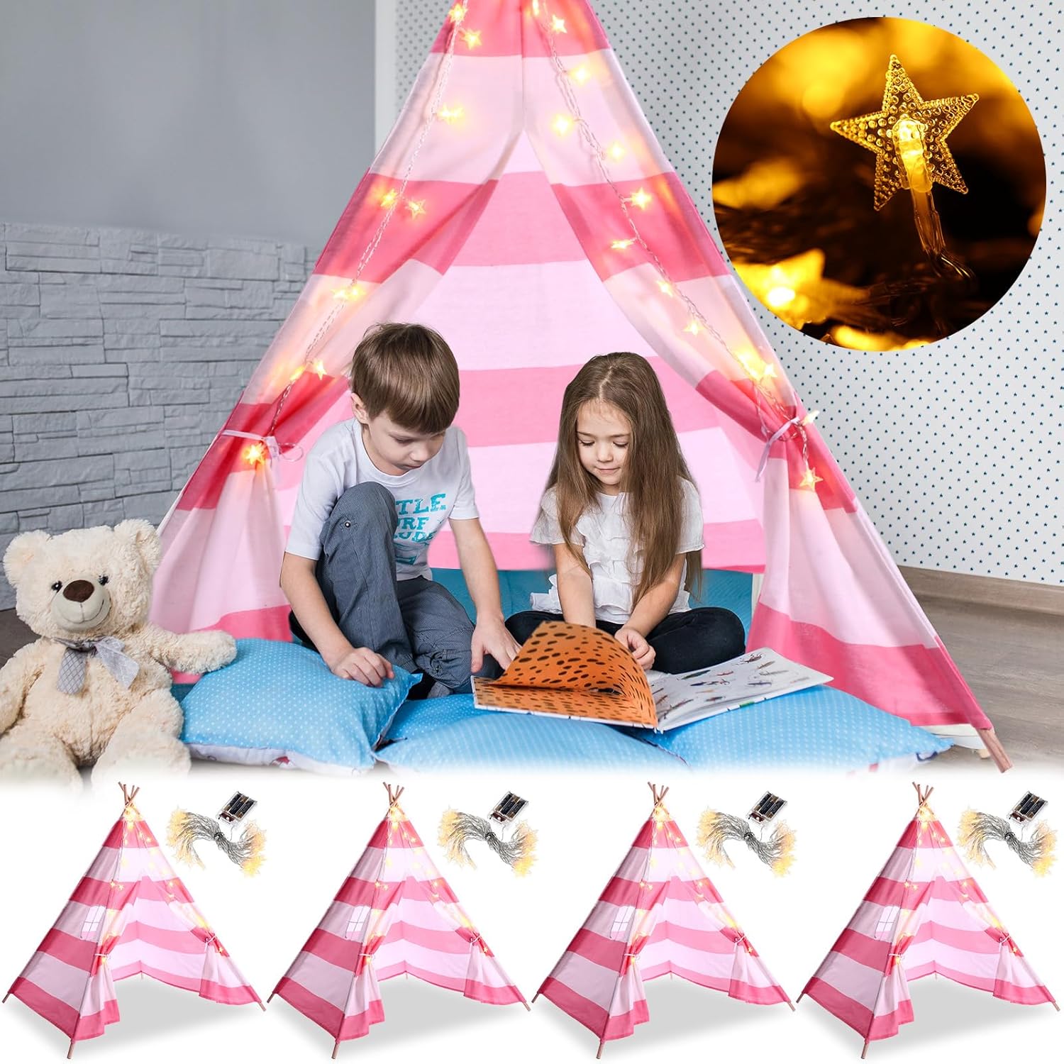 Juego de 4 tiendas de campaña para niños con cadena de luz de estrella de 20 pies, tienda de campaña plegable de tela de algodón para niños, regalo