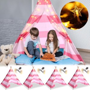 Juego de 4 tiendas de campaña para niños con cadena de luz de estrella de 20 pies, tienda de campaña plegable de tela de algodón para niños, regalo Juego de 4 tiendas de campaña para niños con cadena de luz de estrella de 20 pies, tienda de campaña plegable de tela de algodón para niños, regalo