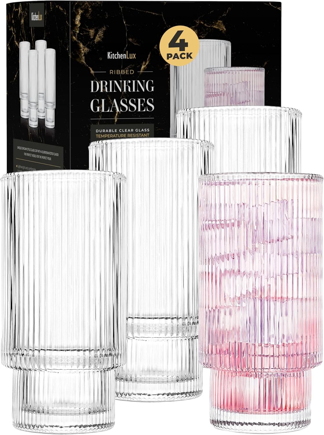 Vasos de vidrio acanalados de 12 onzas  Juego de 4 vasos acanalados  Juego de 4 vasos estéticos con textura vintage retro ondulados para whisky,