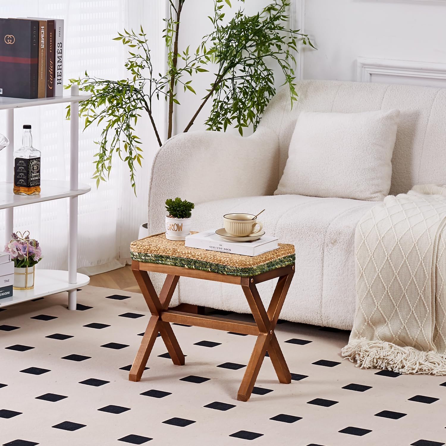 Cpintltr Reposapiés otomano de hierba marina natural, puf otomano con patas de madera, rectangular, tejido a mano, reposapiés para sala de estar,