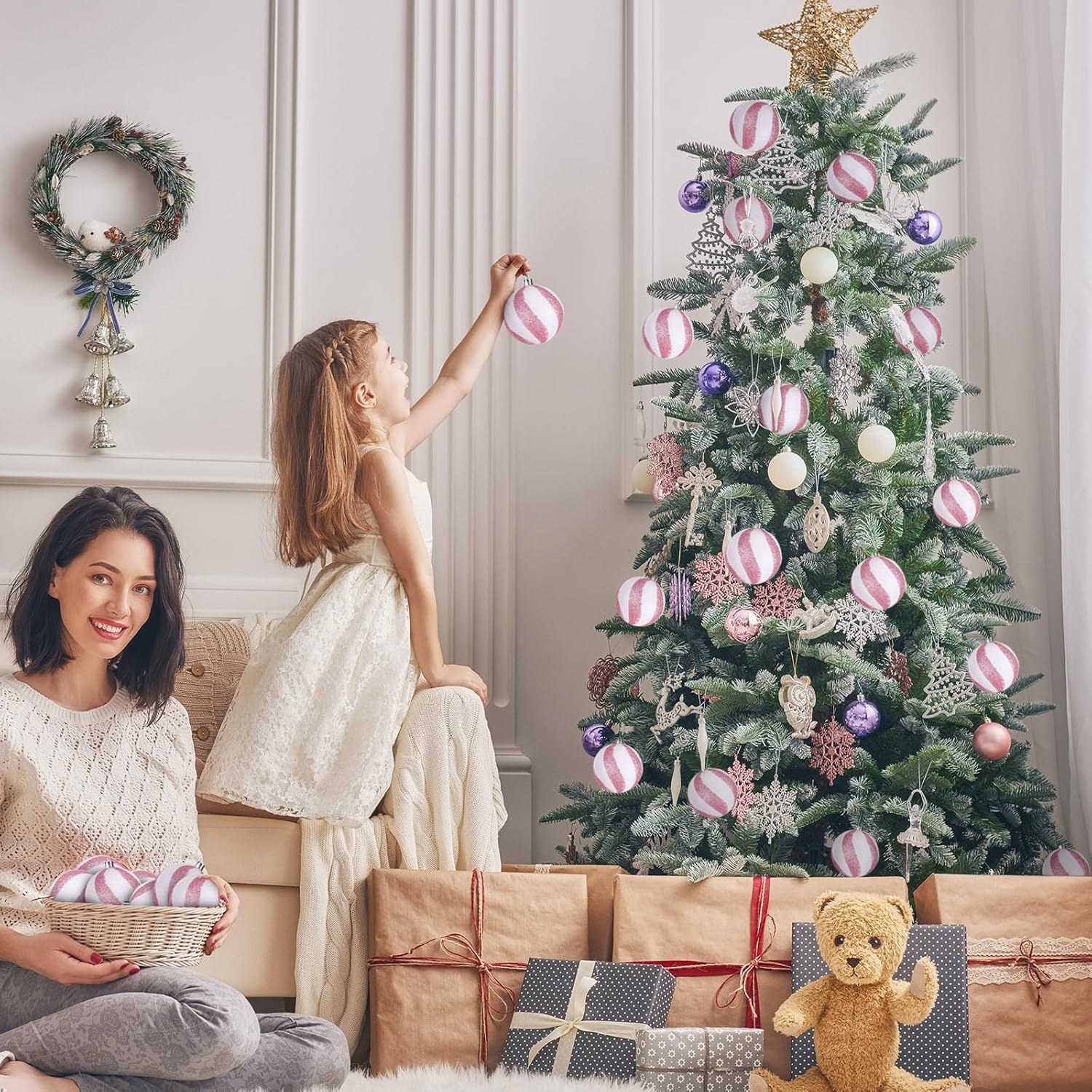 Liliful 12 bolas de Navidad de 3.15 pulgadas, con purpurina, decoración de árbol de Navidad, adornos de Navidad pintados de plástico, adornos para