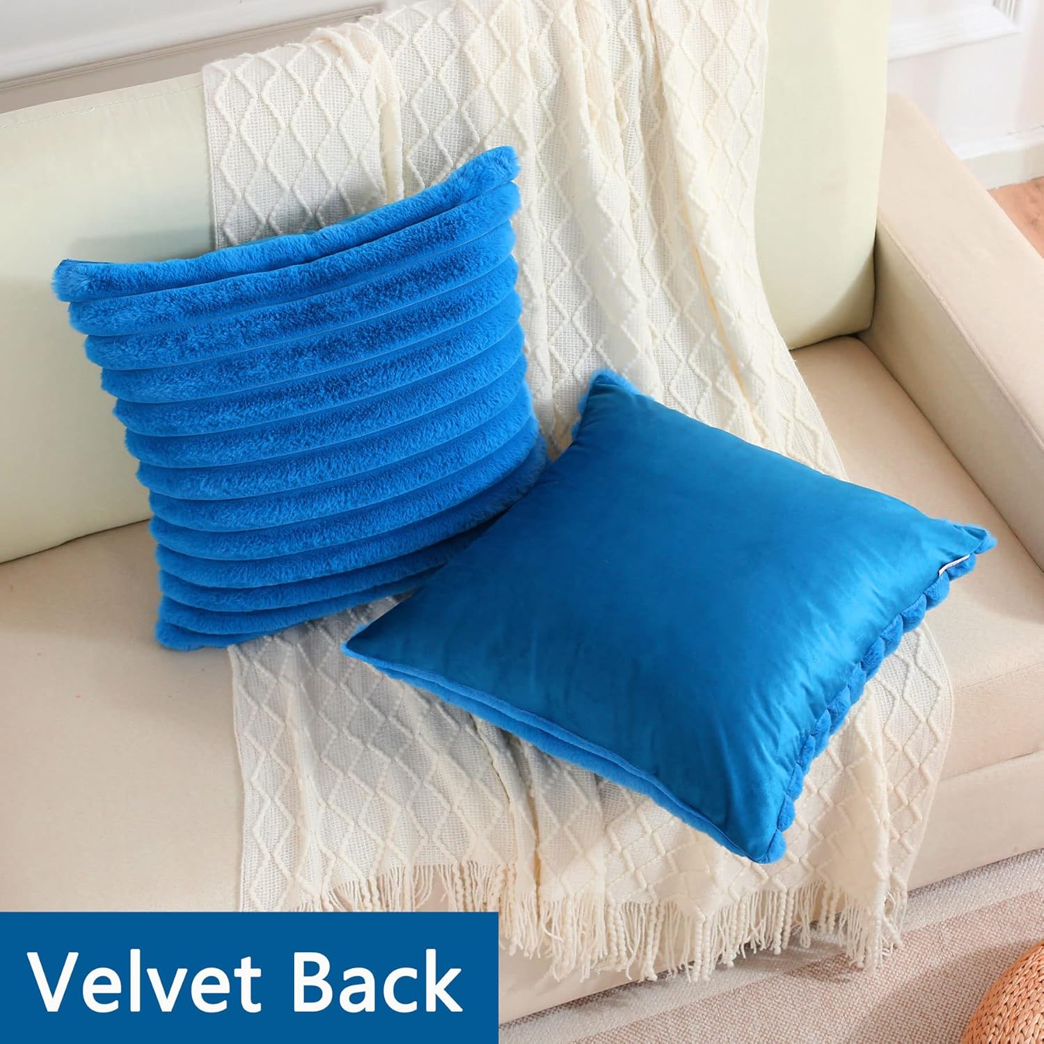 FUTEI – Juego de 2 fundas de almohada decorativas con rayas de color azul rey, 24 x 24 pulgadas, cuadradas y primaverales, piel sintética de conejo