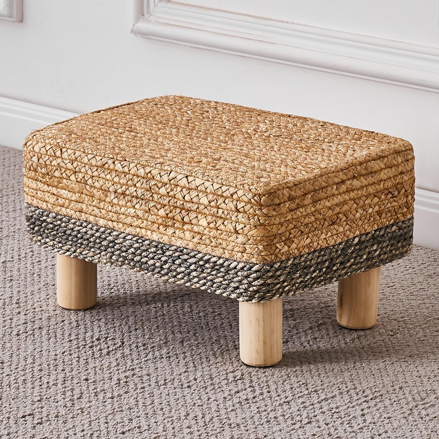Cpintltr Taburete otomano rectangular, reposapiés, otomano, reposapiés natural de algas marinas con patas de madera, taburete tejido a mano para