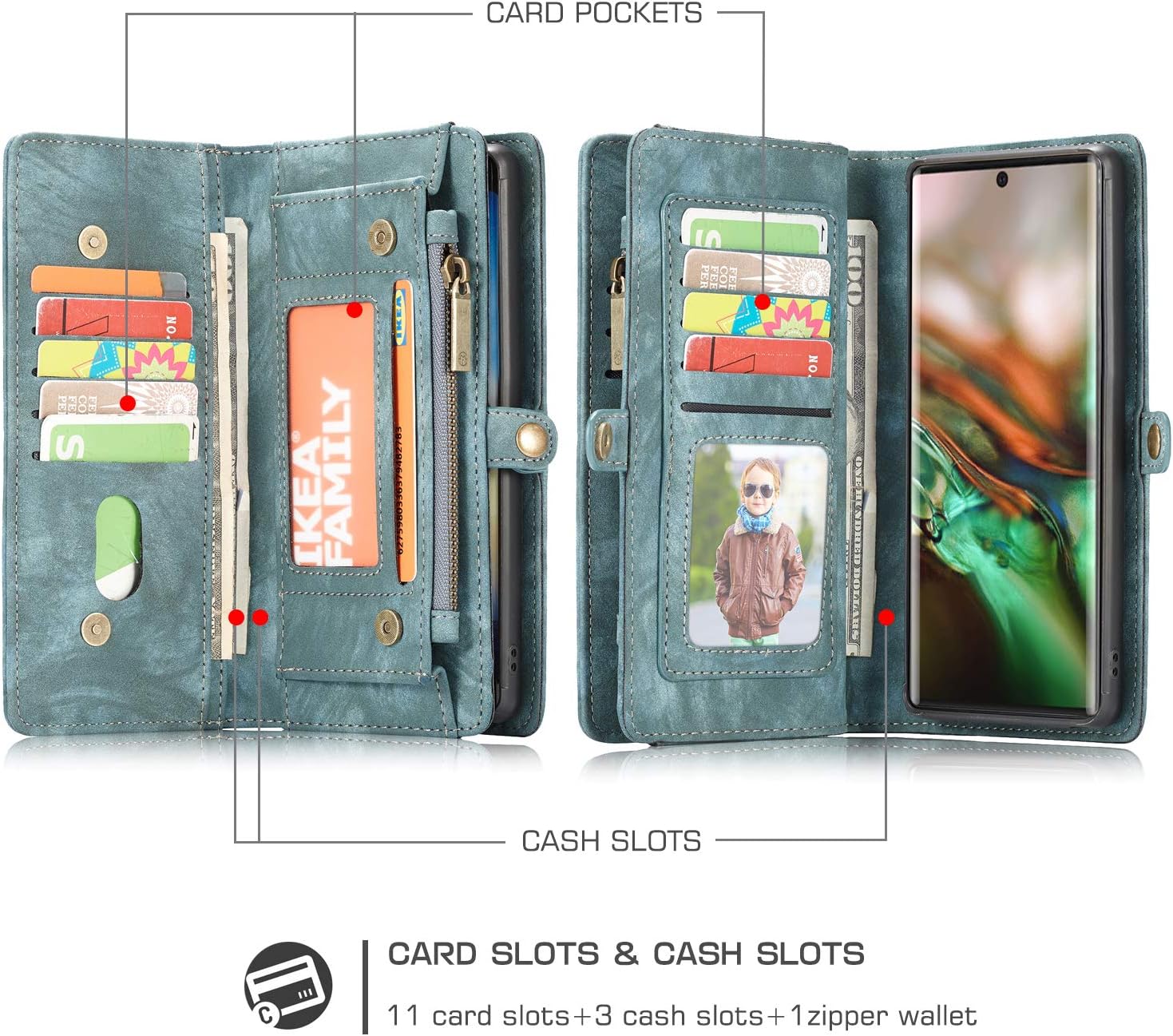 Funda tipo cartera para Samsung Galaxy Note 10 Plus, 2 en 1, de piel duradera, magnética, desmontable, con ranuras para tarjetas, cremallera y funda