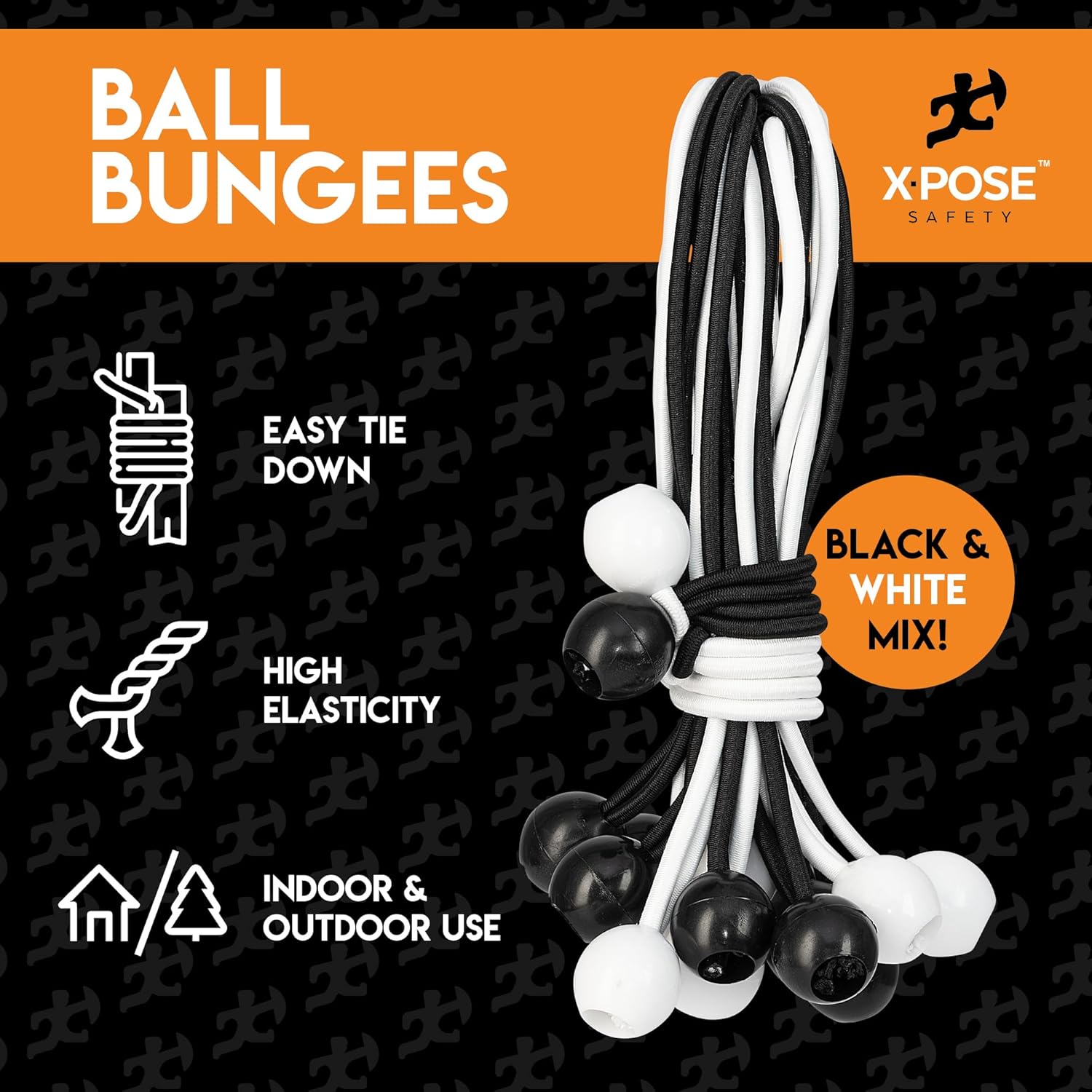 Xpose Safety Cuerdas elásticas de bolas de 6 pulgadas, paquete de 10 cuerdas elásticas resistentes de colores surtidos en blanco y negro con lazos