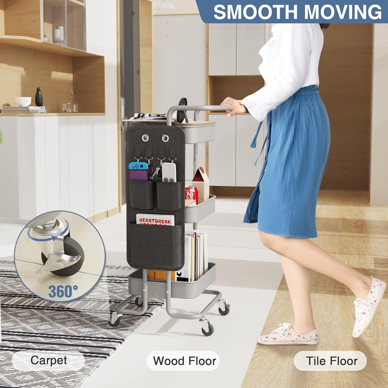 DTK Carrito de metal de 3 niveles con mesa y bolsas laterales, bandeja organizadora de almacenamiento, 4 ganchos para cocina, baño, oficina, sala de