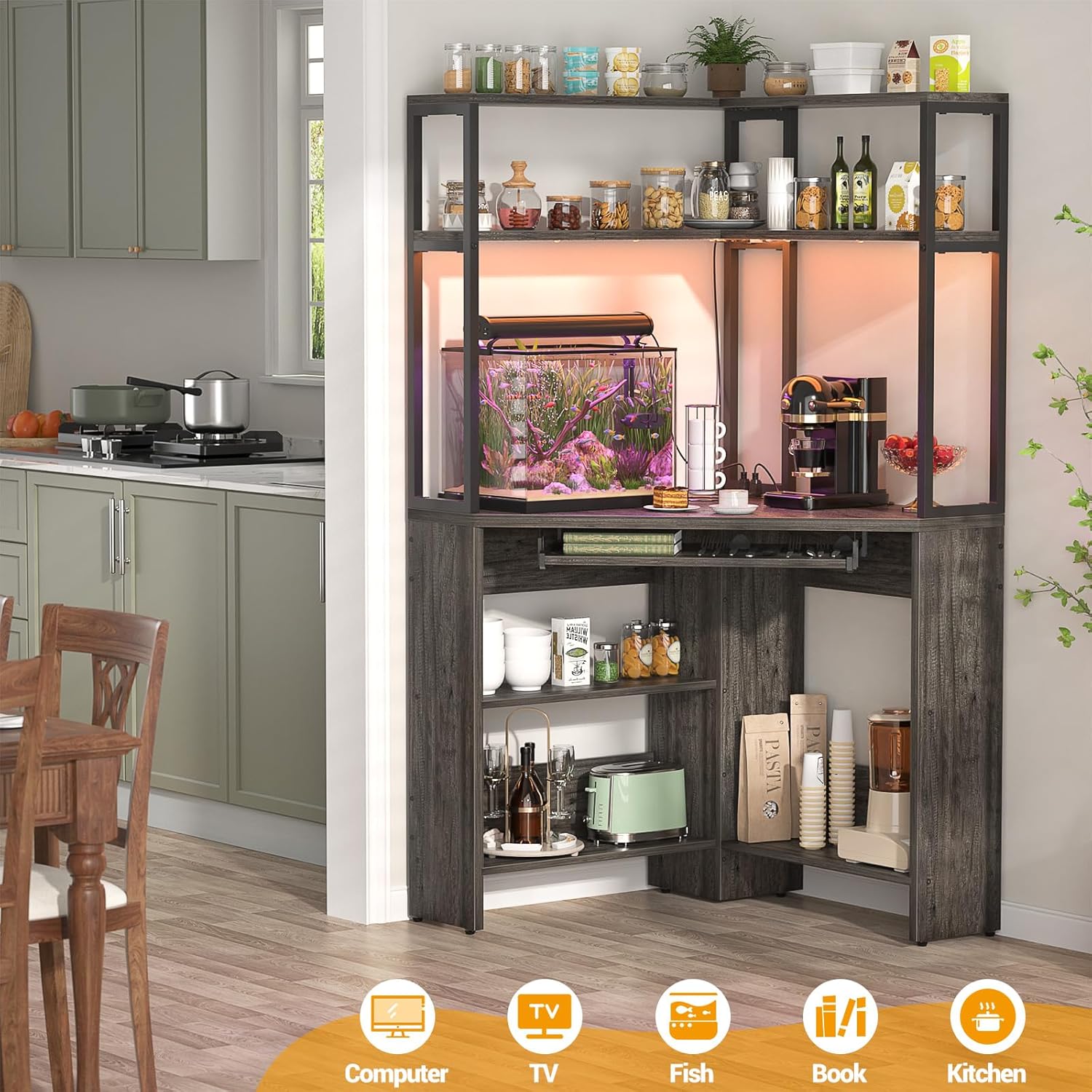 Cyclysio Escritorio esquinero pequeño con gabinete, escritorio de esquina para computadora con tomas de corriente y luz LED, escritorio de esquina
